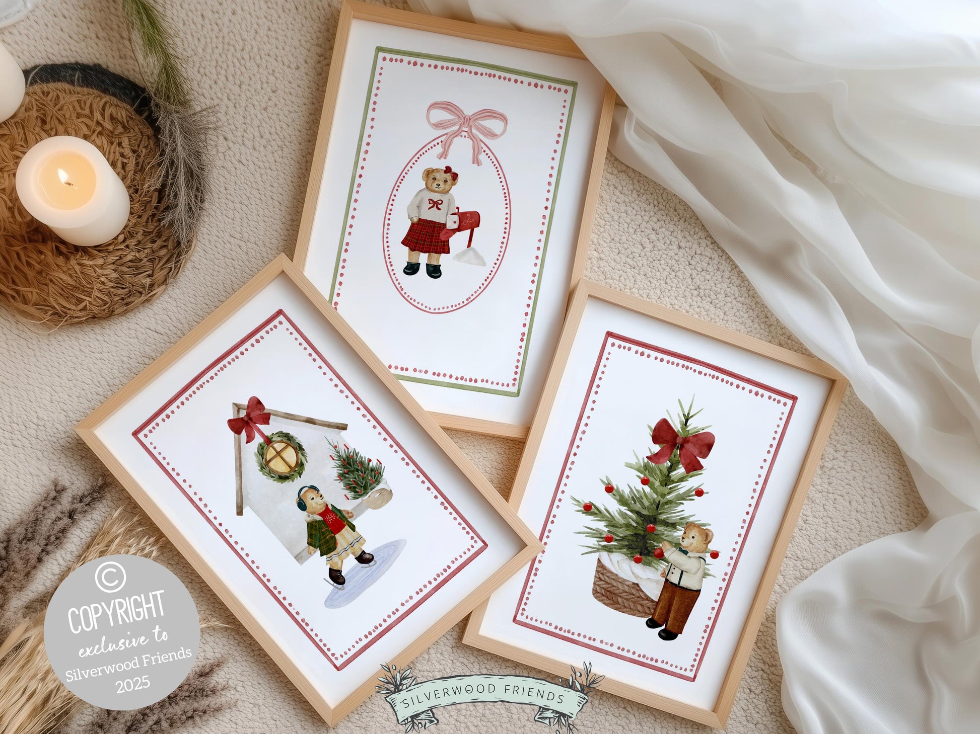 Set of 3 Christmas Holiday Prints, Kids Teddy Bear Christmas Printable Wall Art Posters, Festive Nursery Decor Digital Download Print
