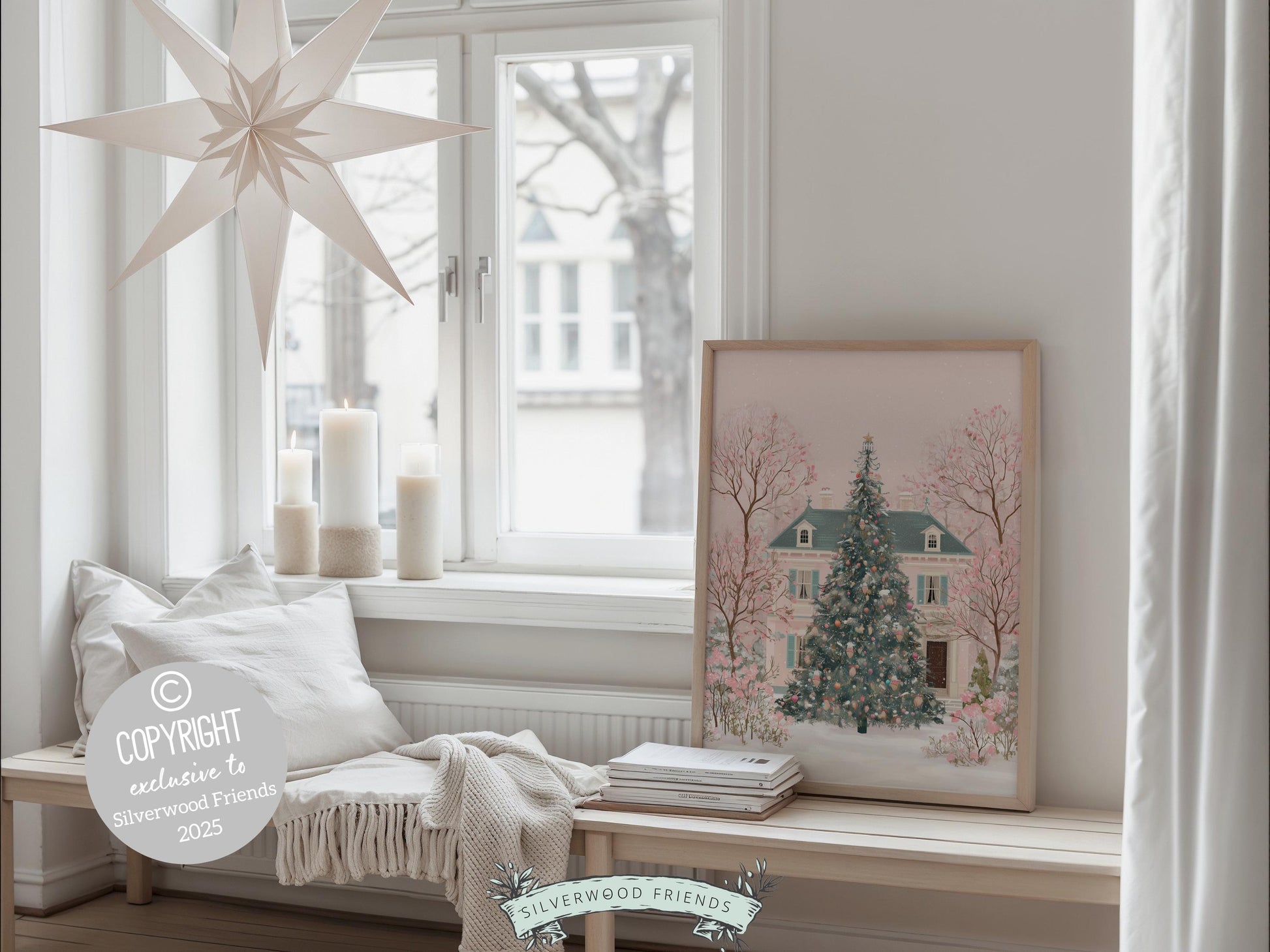 Pink Christmas Tree Print, Christmas Village Printable Wall Art, Festive Christmas Holiday Decor, Vintage Christmas Digital Print