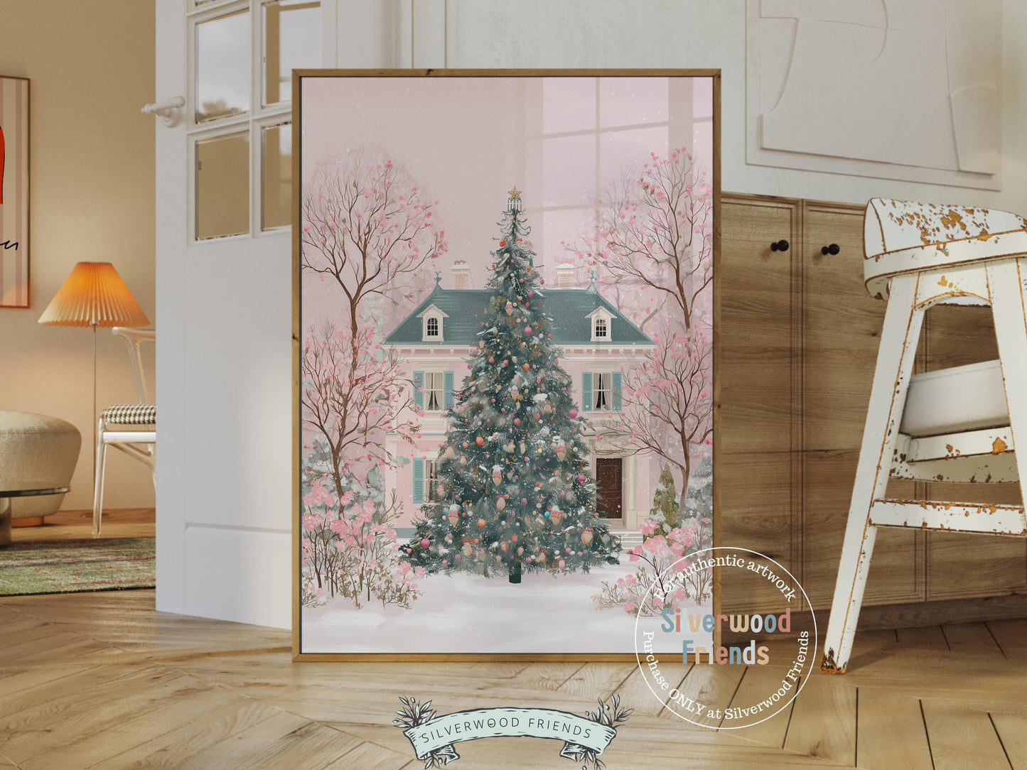 Pink Christmas Tree Print, Christmas Village Printable Wall Art, Festive Christmas Holiday Decor, Vintage Christmas Digital Print