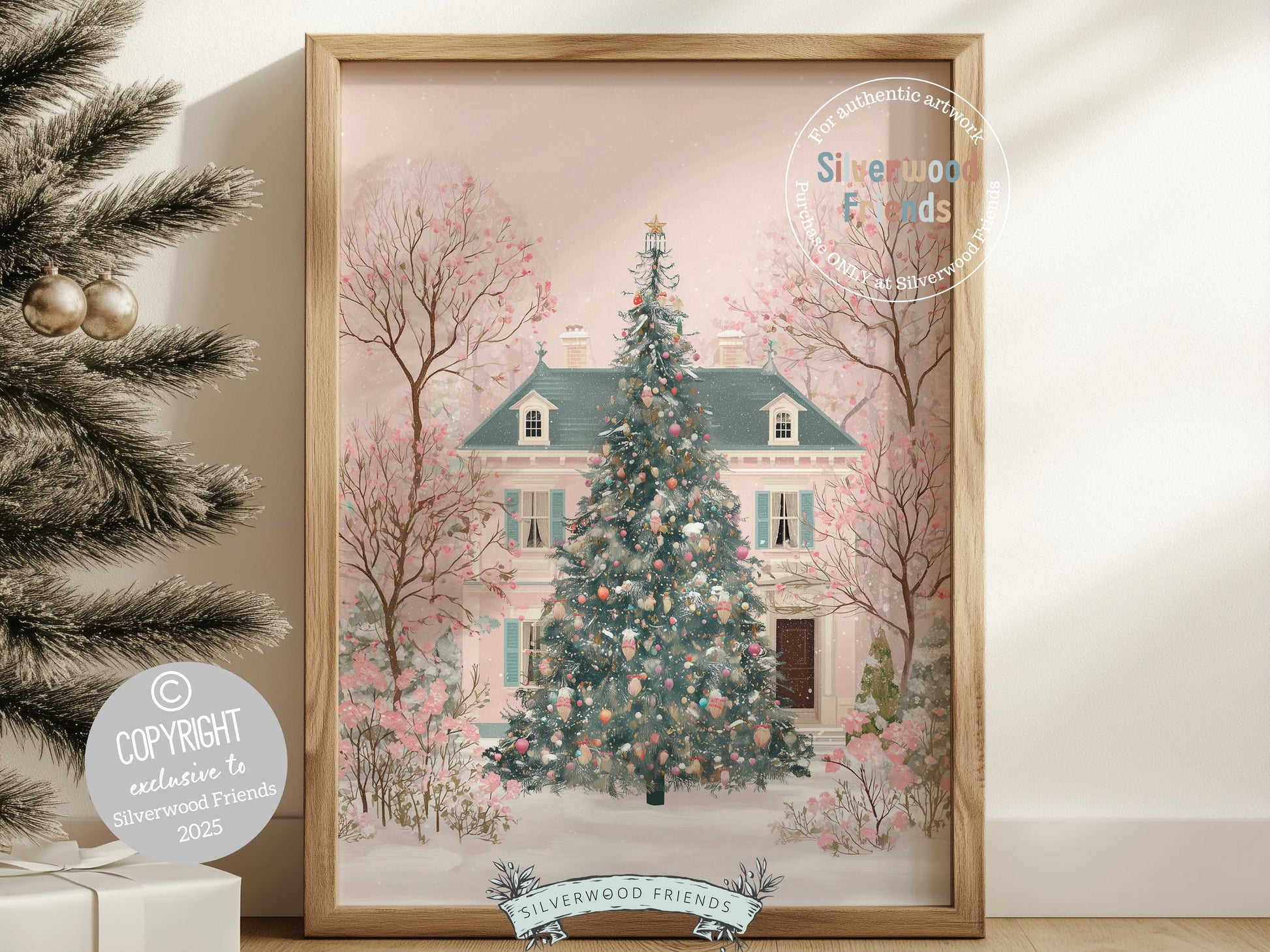 Pink Christmas Tree Print, Christmas Village Printable Wall Art, Festive Christmas Holiday Decor, Vintage Christmas Digital Print