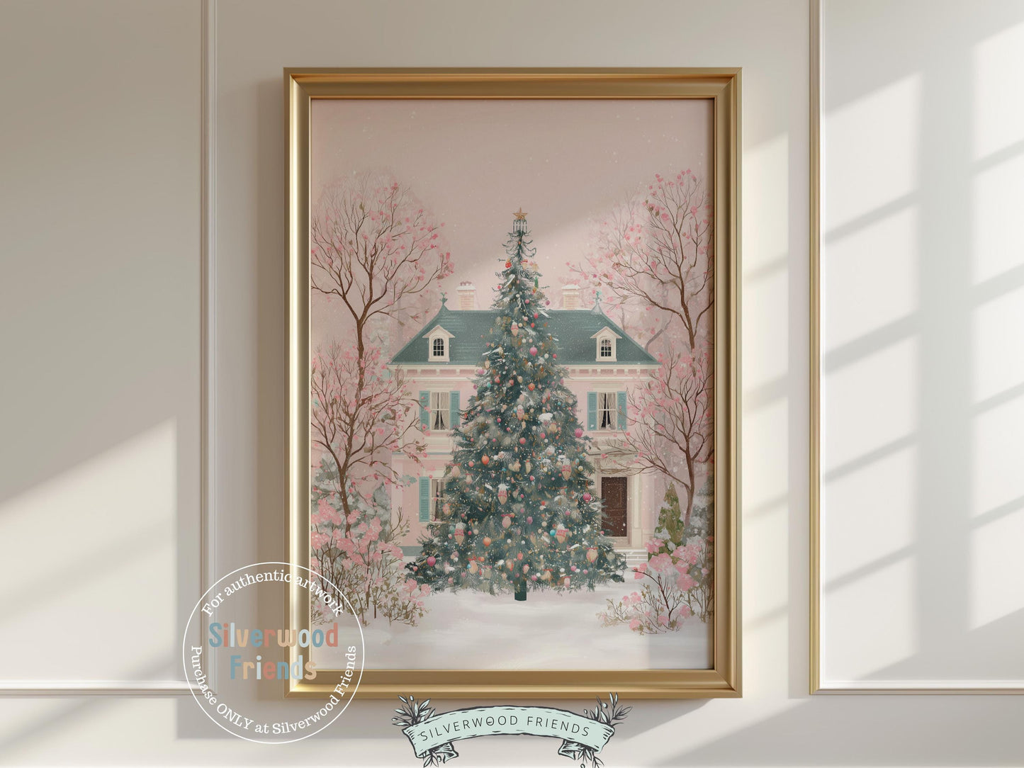 Pink Christmas Tree Print, Christmas Village Printable Wall Art, Festive Christmas Holiday Decor, Vintage Christmas Digital Print