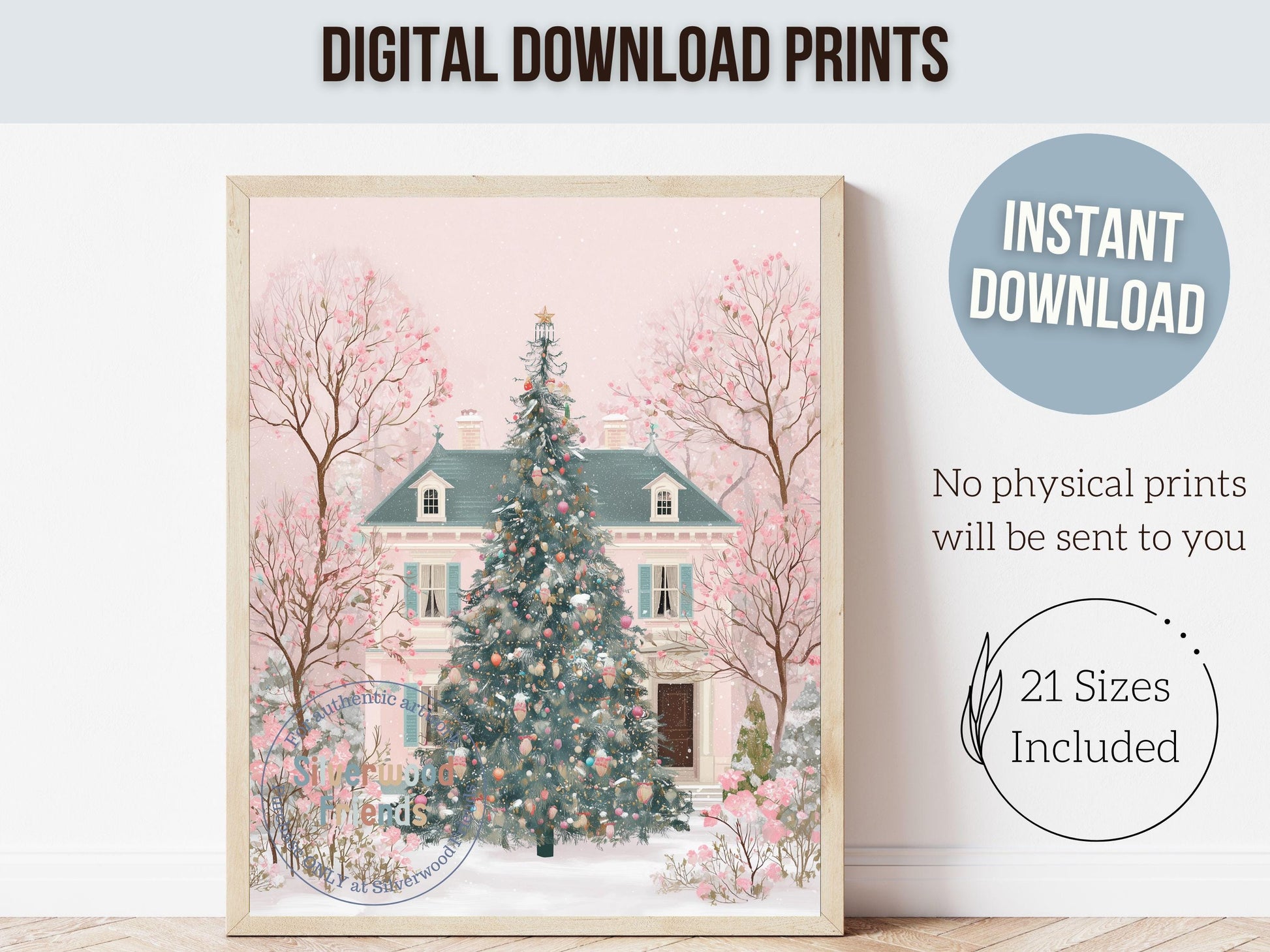 Pink Christmas Tree Print, Christmas Village Printable Wall Art, Festive Christmas Holiday Decor, Vintage Christmas Digital Print