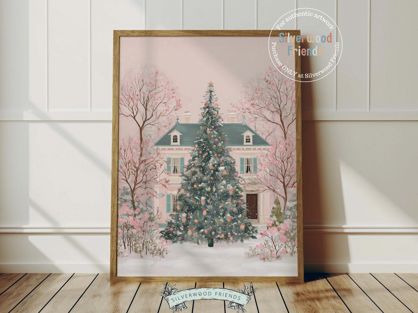 This charming Christmas print features a soft watercolor pink house beside a snow-dusted Christmas tree, surrounded by a peaceful winter landscape. With its cozy pastel tones and gentle holiday magic, it adds a touch of whimsy and warmth to any festive home or nursery.