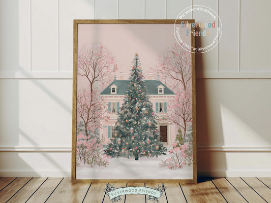 This charming Christmas print features a soft watercolor pink house beside a snow-dusted Christmas tree, surrounded by a peaceful winter landscape. With its cozy pastel tones and gentle holiday magic, it adds a touch of whimsy and warmth to any festive home or nursery.