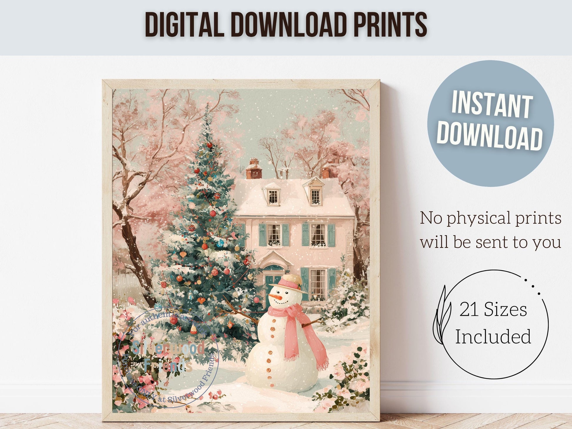 Pink and Green Snowman Print, Pastel Christmas Village Printable Wall Art, Festive Cottagecore Farmhouse Holiday Decor Digital Print