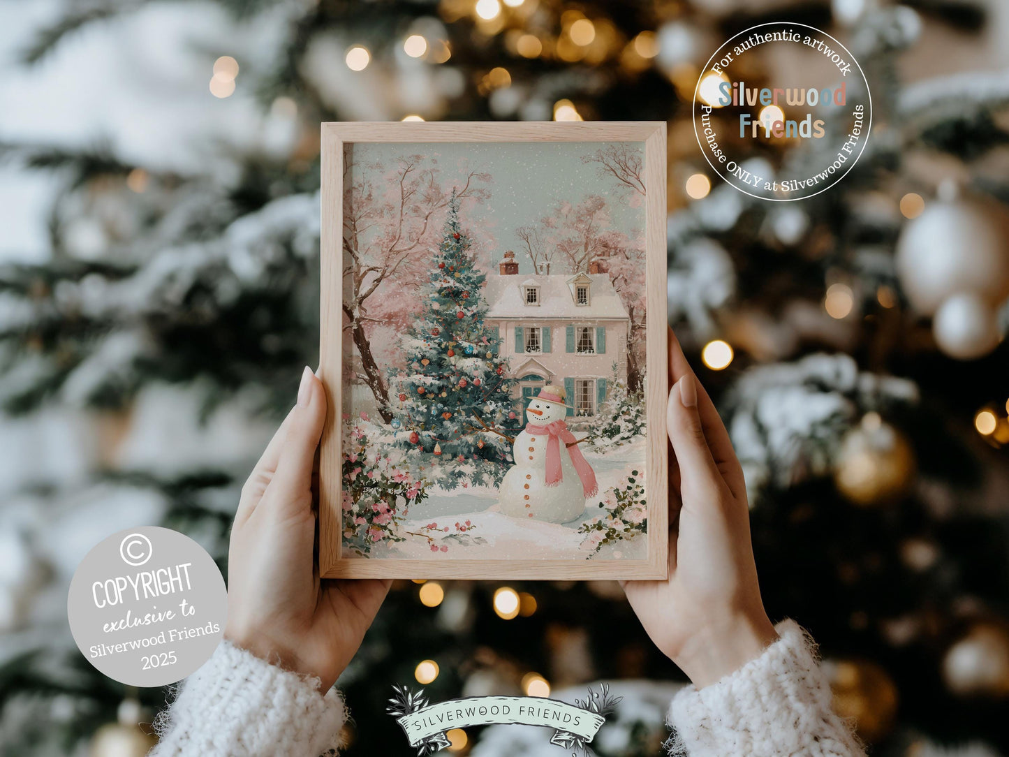 Pink and Green Snowman Print, Pastel Christmas Village Printable Wall Art, Festive Cottagecore Farmhouse Holiday Decor Digital Print