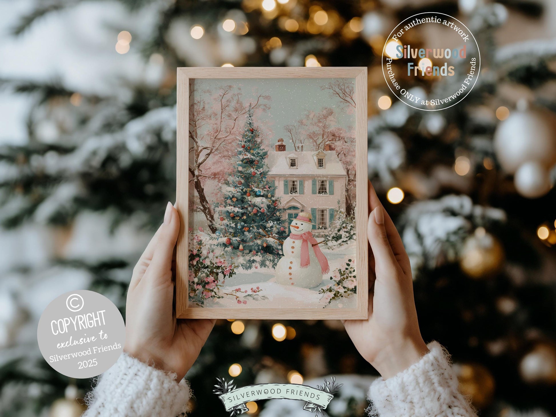 Pink and Green Snowman Print, Pastel Christmas Village Printable Wall Art, Festive Cottagecore Farmhouse Holiday Decor Digital Print