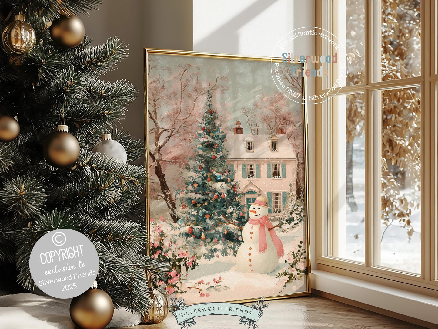 Pink and Green Snowman Print, Pastel Christmas Village Printable Wall Art, Festive Cottagecore Farmhouse Holiday Decor Digital Print