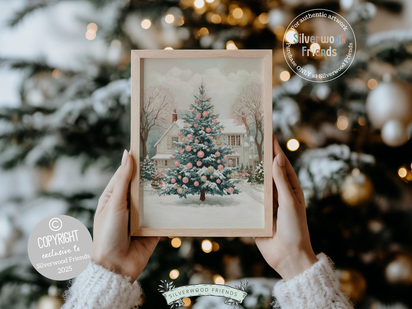 Pink and Green Christmas Tree Print, Pastel Christmas Village Printable Wall Art, Festive Cottagecore Farmhouse Holiday Decor Digital Print