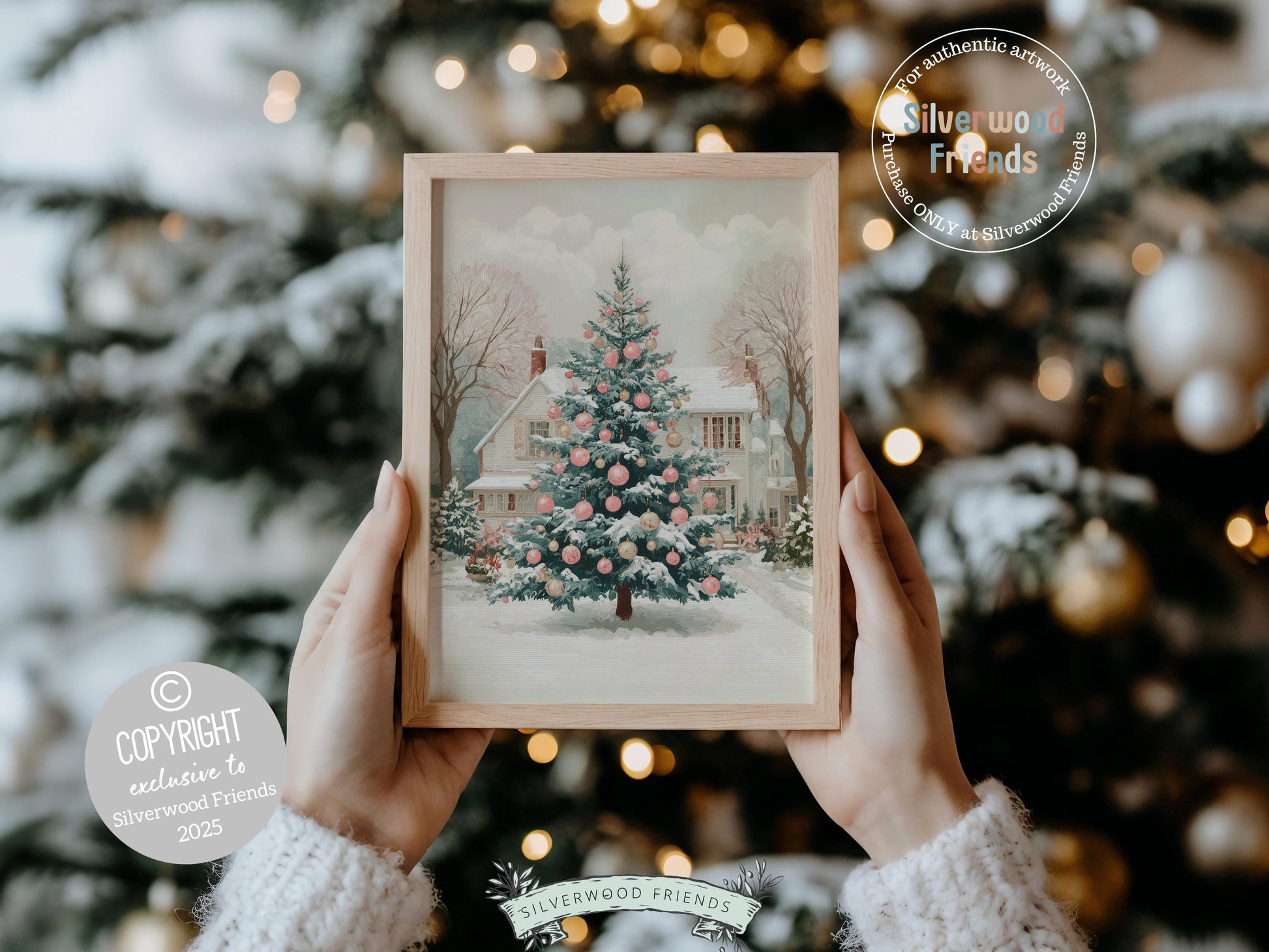 Pink and Green Christmas Tree Print, Pastel Christmas Village Printable Wall Art, Festive Cottagecore Farmhouse Holiday Decor Digital Print