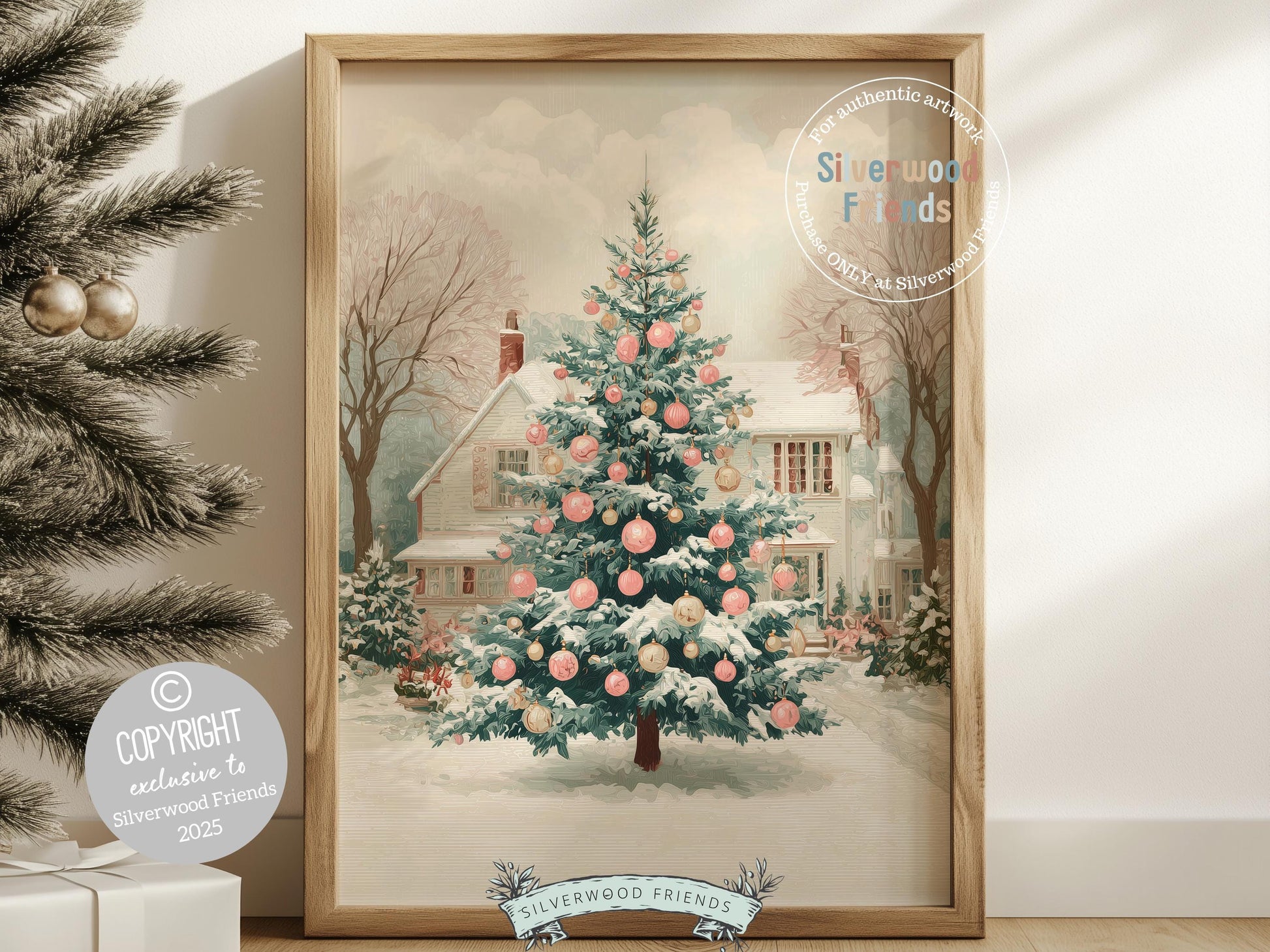 Pink and Green Christmas Tree Print, Pastel Christmas Village Printable Wall Art, Festive Cottagecore Farmhouse Holiday Decor Digital Print