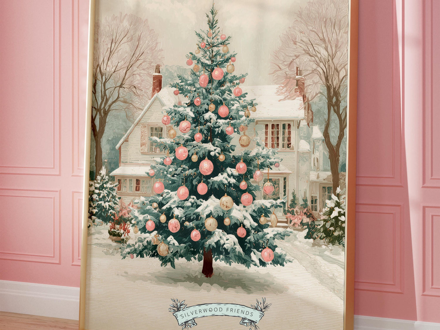 Pink and Green Christmas Tree Print, Pastel Christmas Village Printable Wall Art, Festive Cottagecore Farmhouse Holiday Decor Digital Print