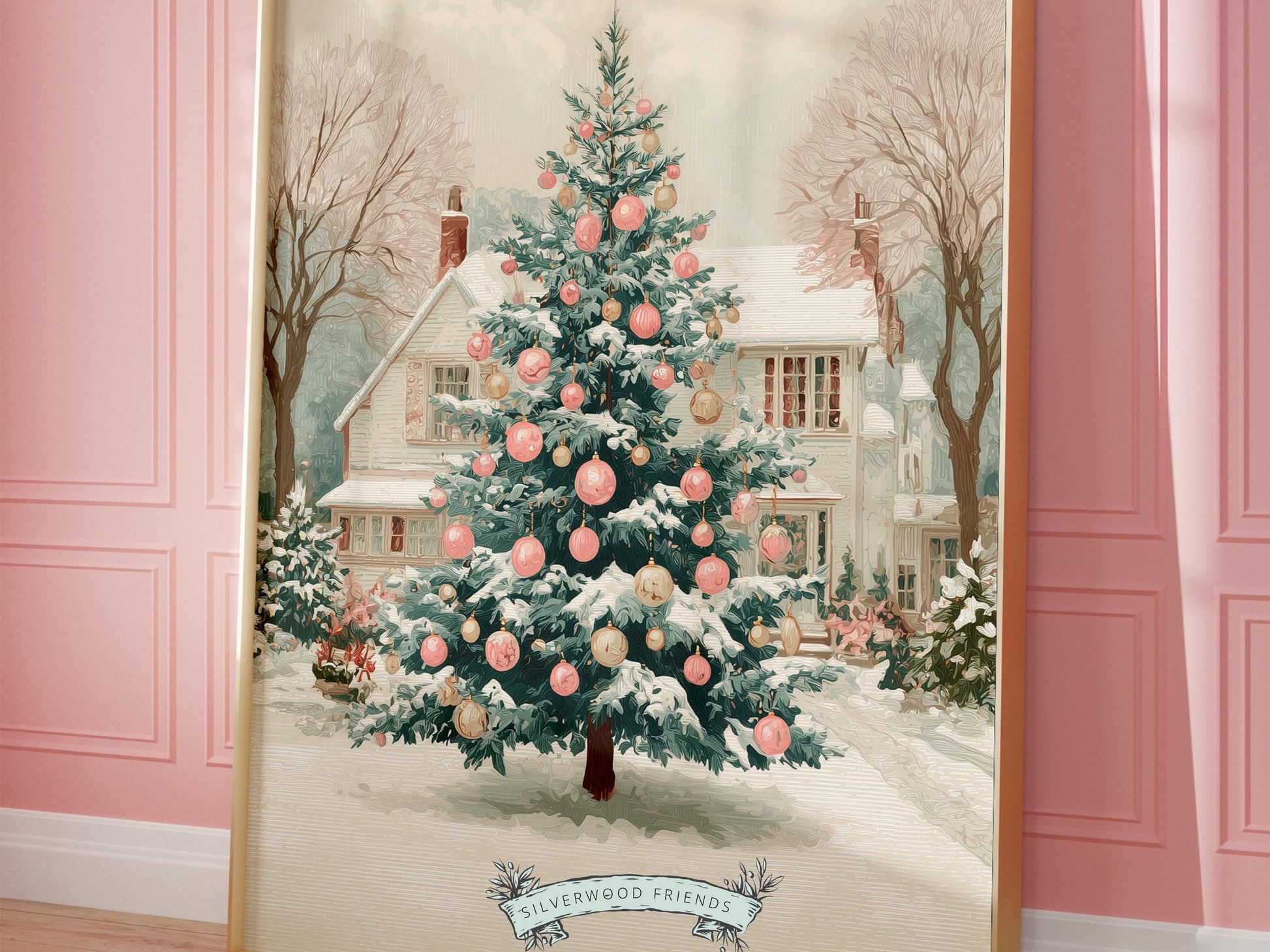 Pink and Green Christmas Tree Print, Pastel Christmas Village Printable Wall Art, Festive Cottagecore Farmhouse Holiday Decor Digital Print