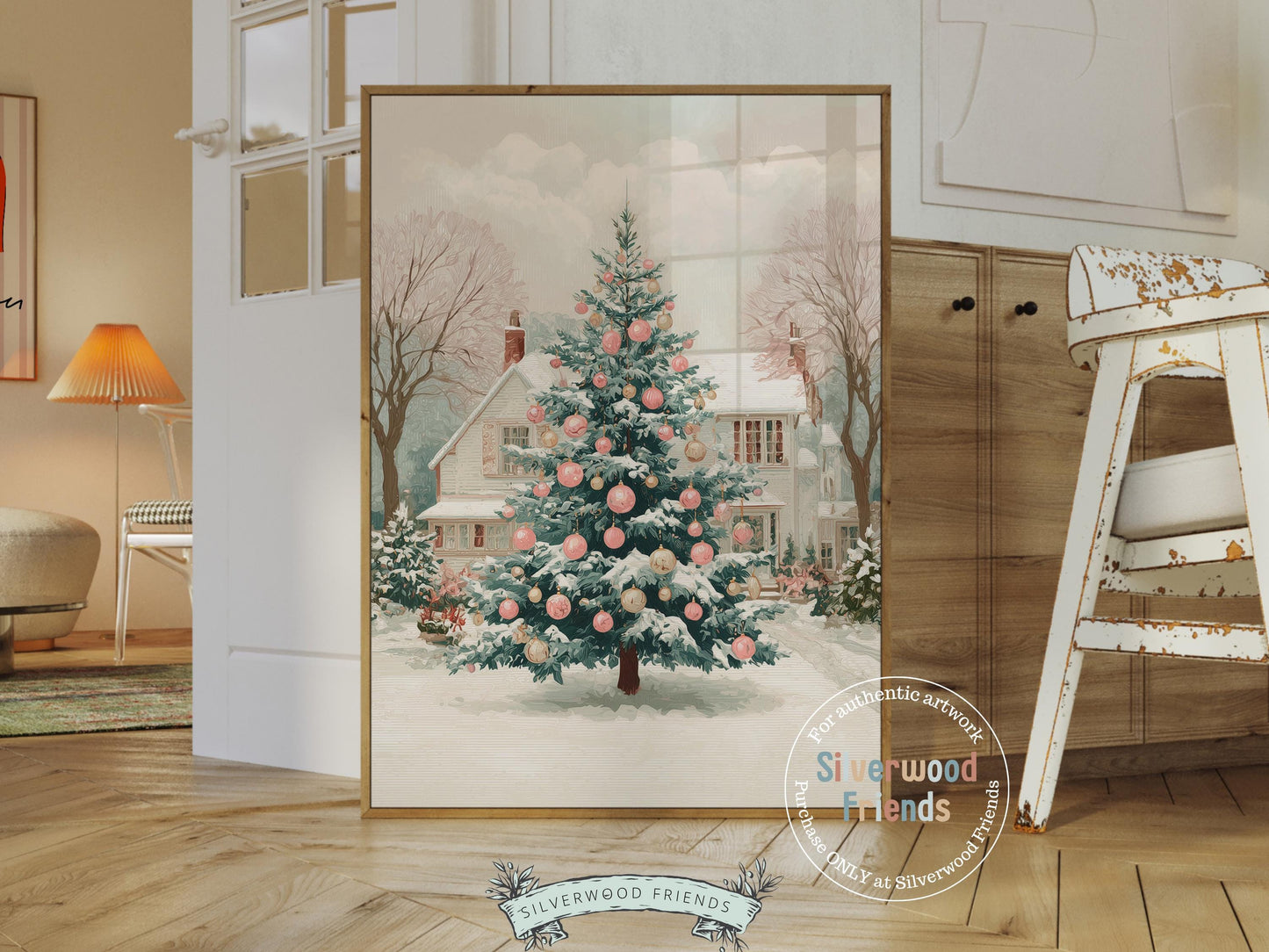 Pink and Green Christmas Tree Print, Pastel Christmas Village Printable Wall Art, Festive Cottagecore Farmhouse Holiday Decor Digital Print