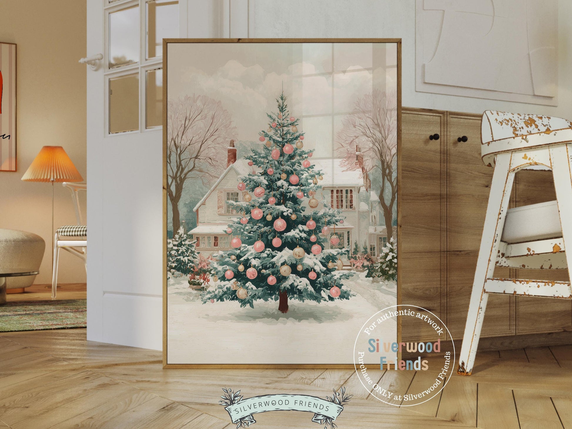 Pink and Green Christmas Tree Print, Pastel Christmas Village Printable Wall Art, Festive Cottagecore Farmhouse Holiday Decor Digital Print