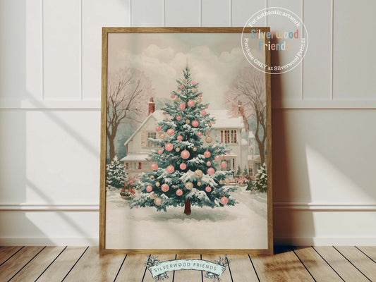 This enchanting Christmas print features a snow-covered country house with a festive tree adorned with soft pink baubles standing proudly in front. With its delicate watercolor tones and cozy winter charm, it adds a touch of timeless holiday magic and elegance to any home or nursery décor.