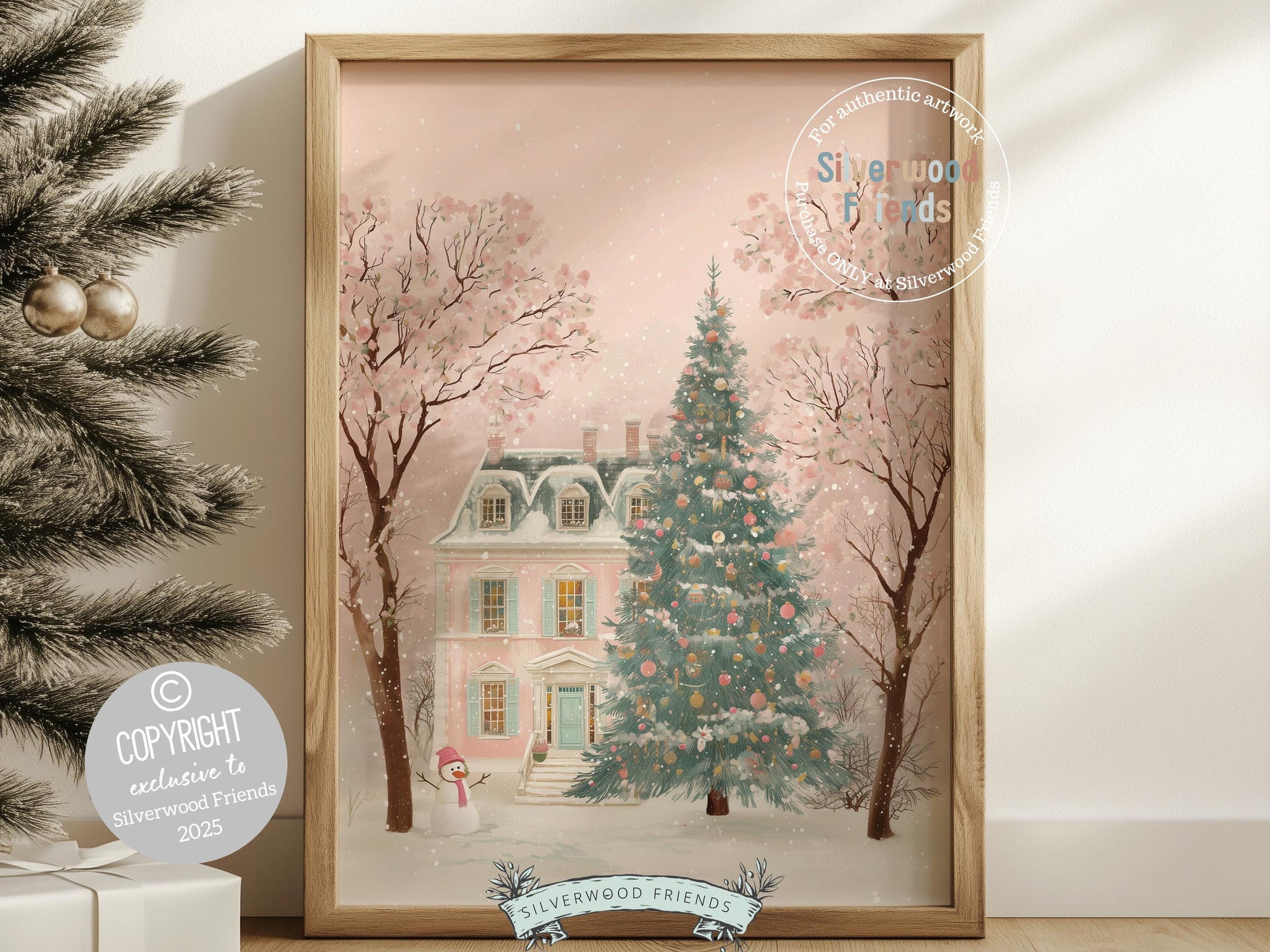 Pastel Pink Snowman Print, Christmas Village Printable Wall Art, Festive Cottagecore Farmhouse Holiday Decor Digital Print