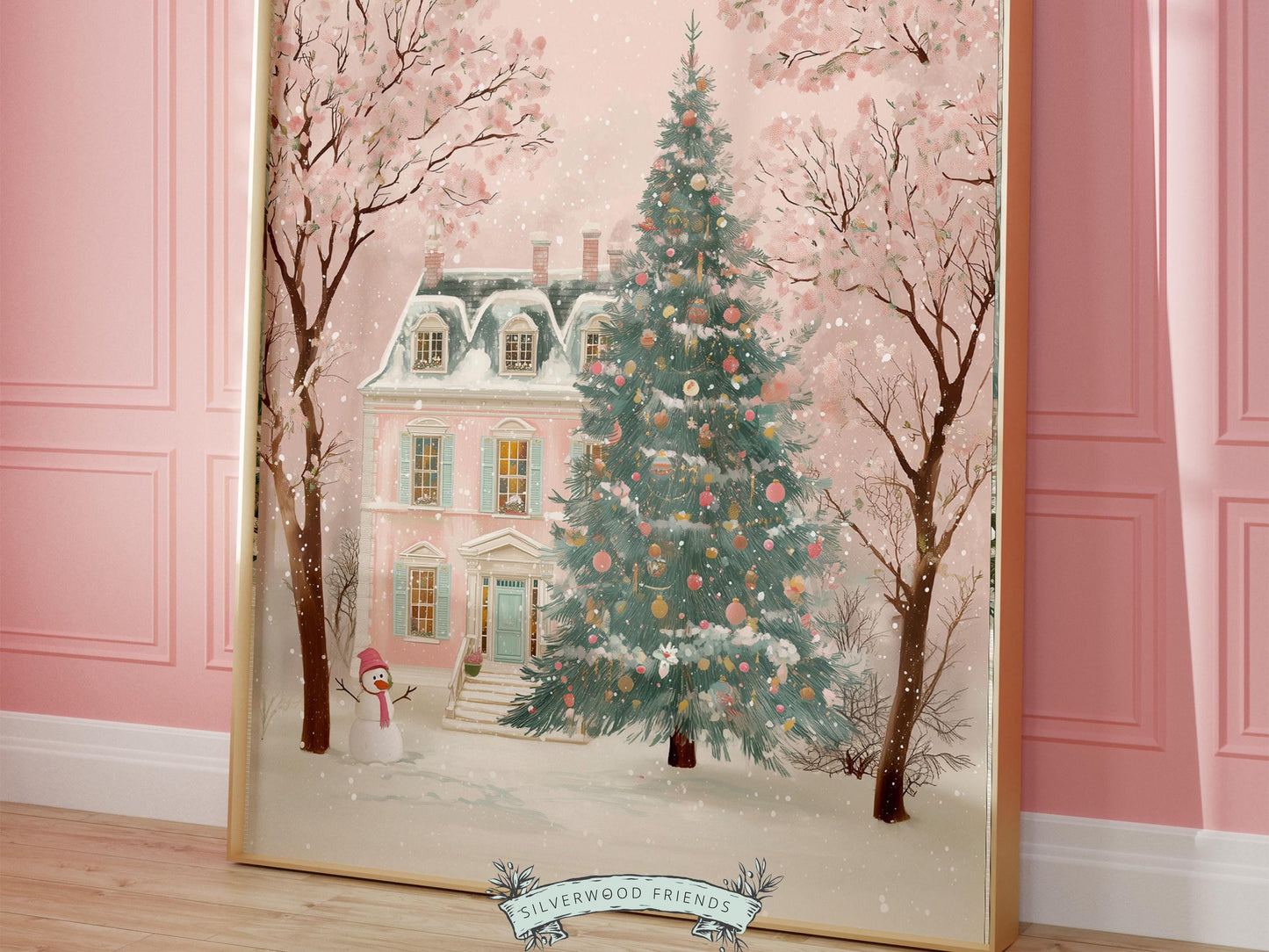 Pastel Pink Snowman Print, Christmas Village Printable Wall Art, Festive Cottagecore Farmhouse Holiday Decor Digital Print