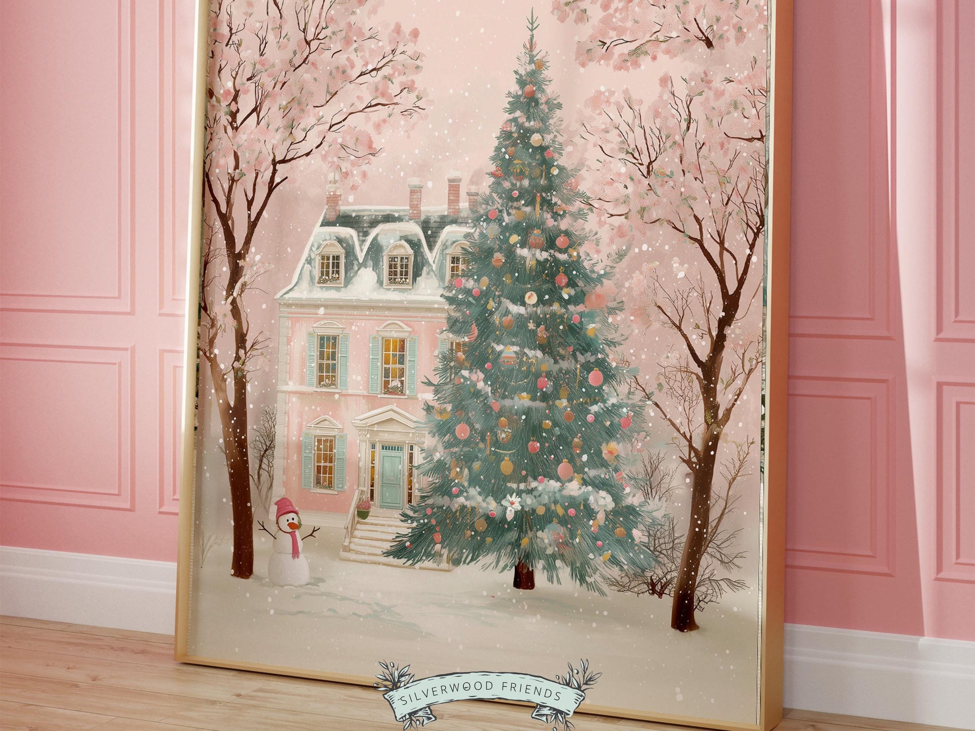 Pastel Pink Snowman Print, Christmas Village Printable Wall Art, Festive Cottagecore Farmhouse Holiday Decor Digital Print