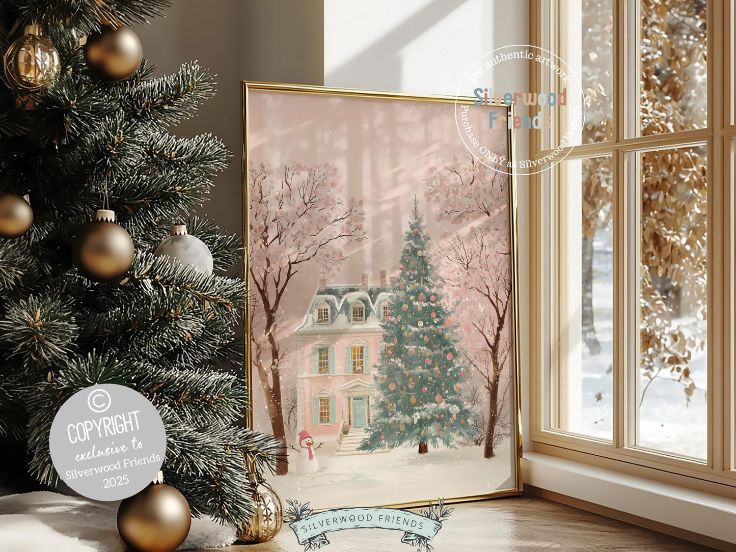 Pastel Pink Snowman Print, Christmas Village Printable Wall Art, Festive Cottagecore Farmhouse Holiday Decor Digital Print