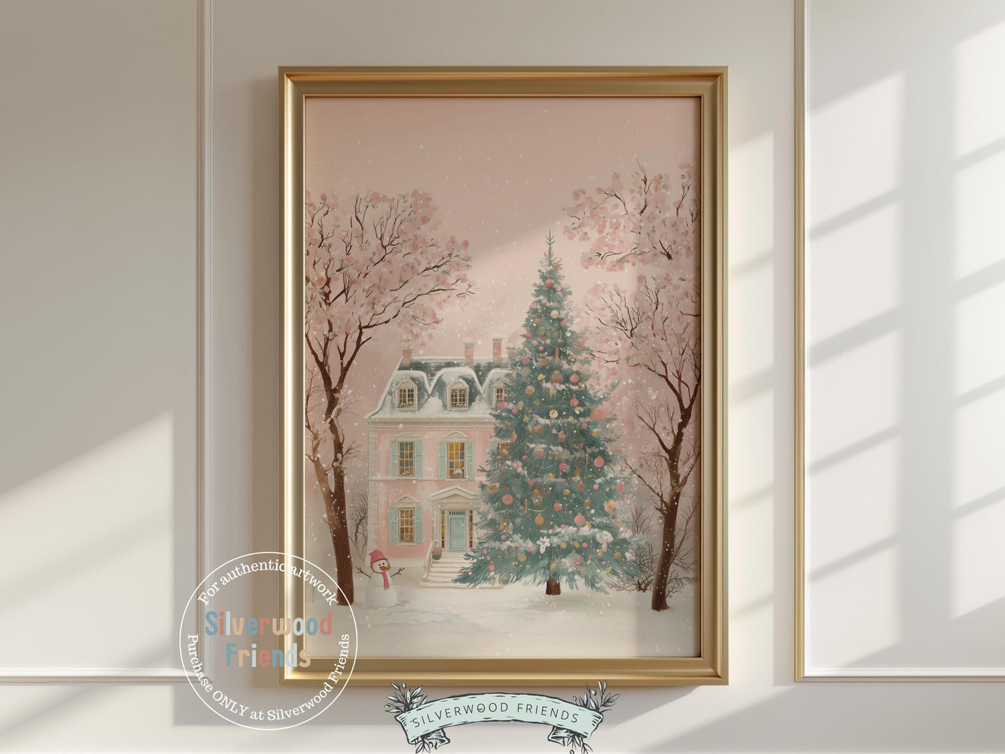 Pastel Pink Snowman Print, Christmas Village Printable Wall Art, Festive Cottagecore Farmhouse Holiday Decor Digital Print
