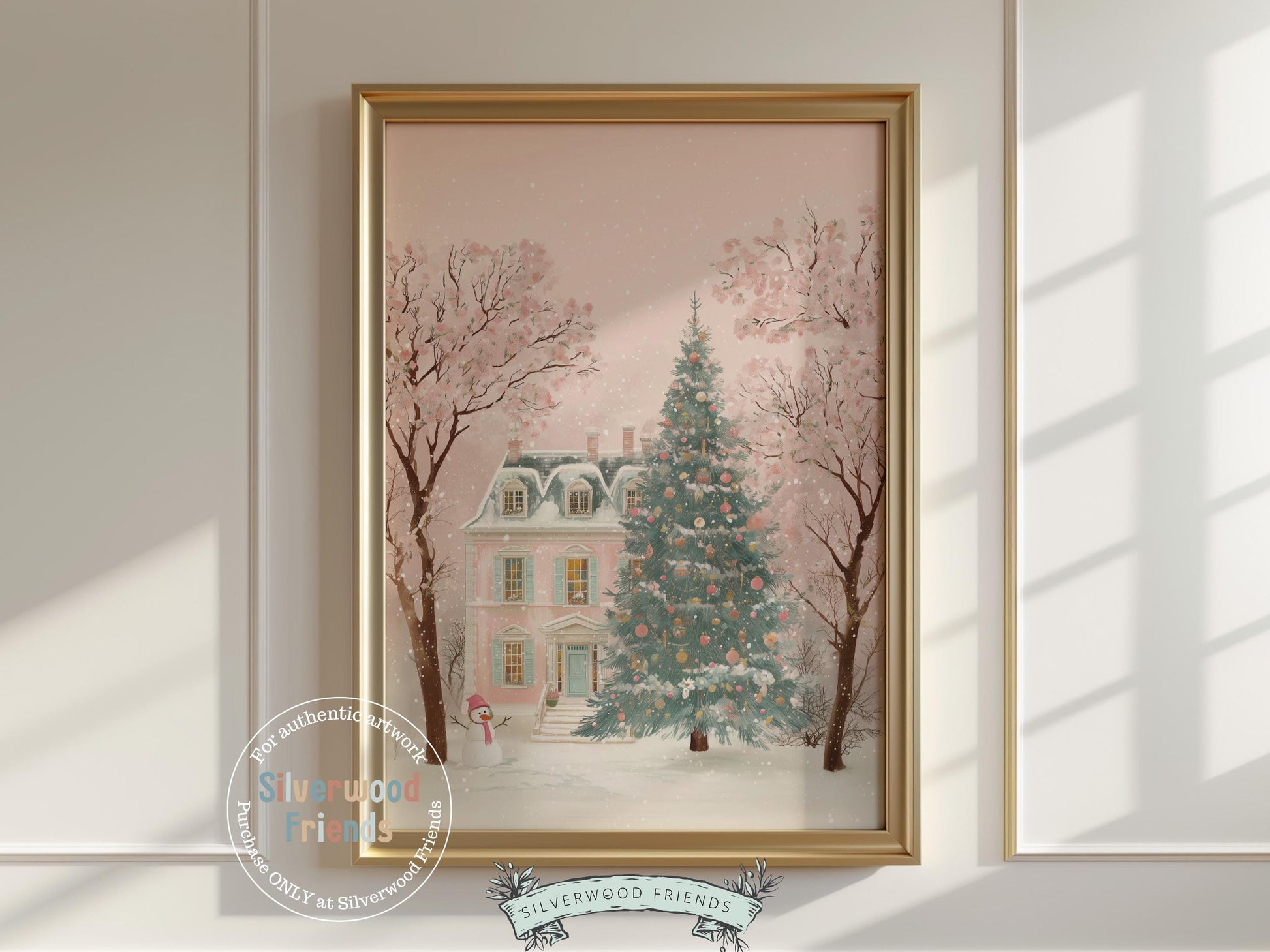 Pastel Pink Snowman Print, Christmas Village Printable Wall Art, Festive Cottagecore Farmhouse Holiday Decor Digital Print