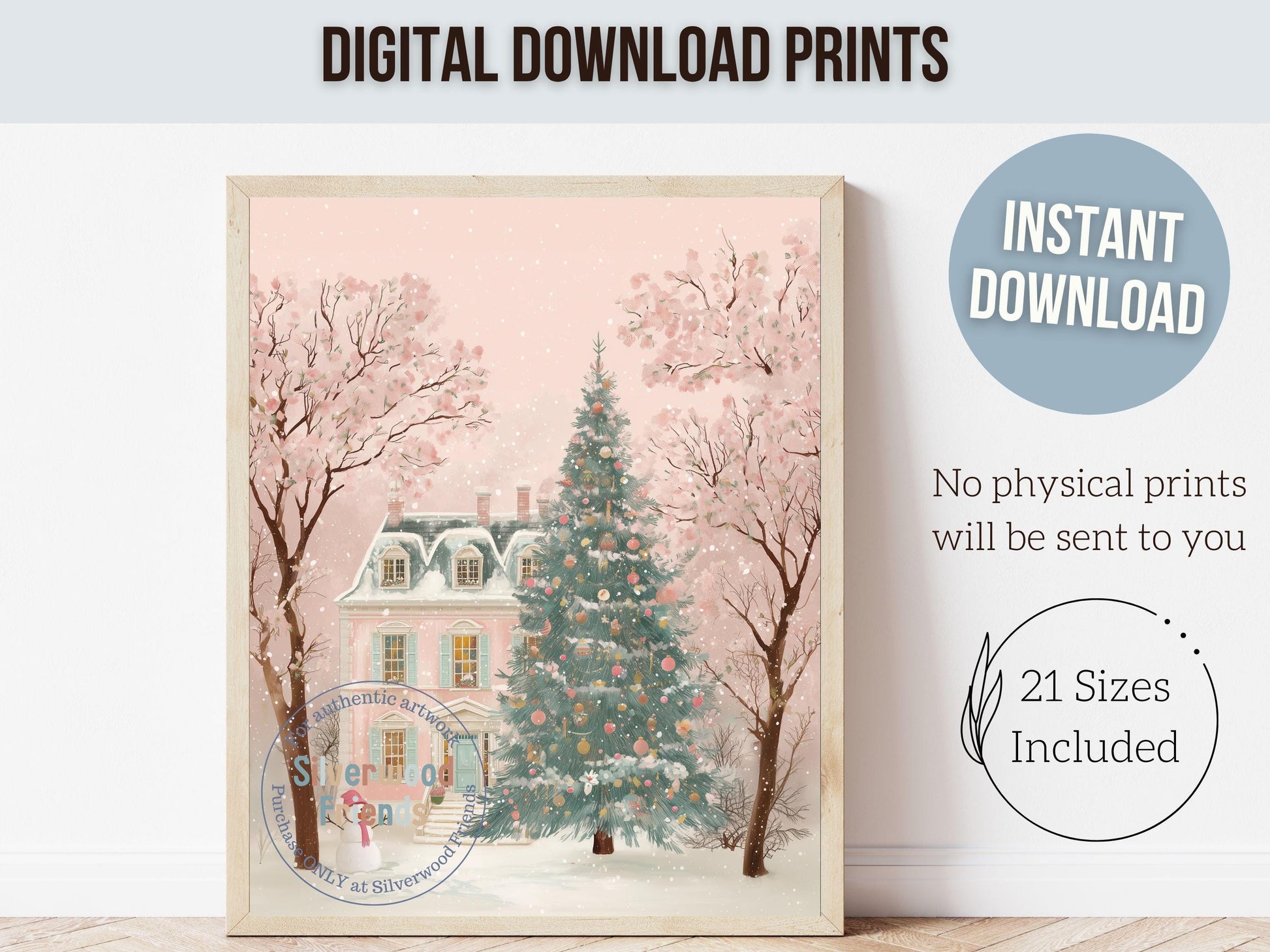 Pastel Pink Snowman Print, Christmas Village Printable Wall Art, Festive Cottagecore Farmhouse Holiday Decor Digital Print