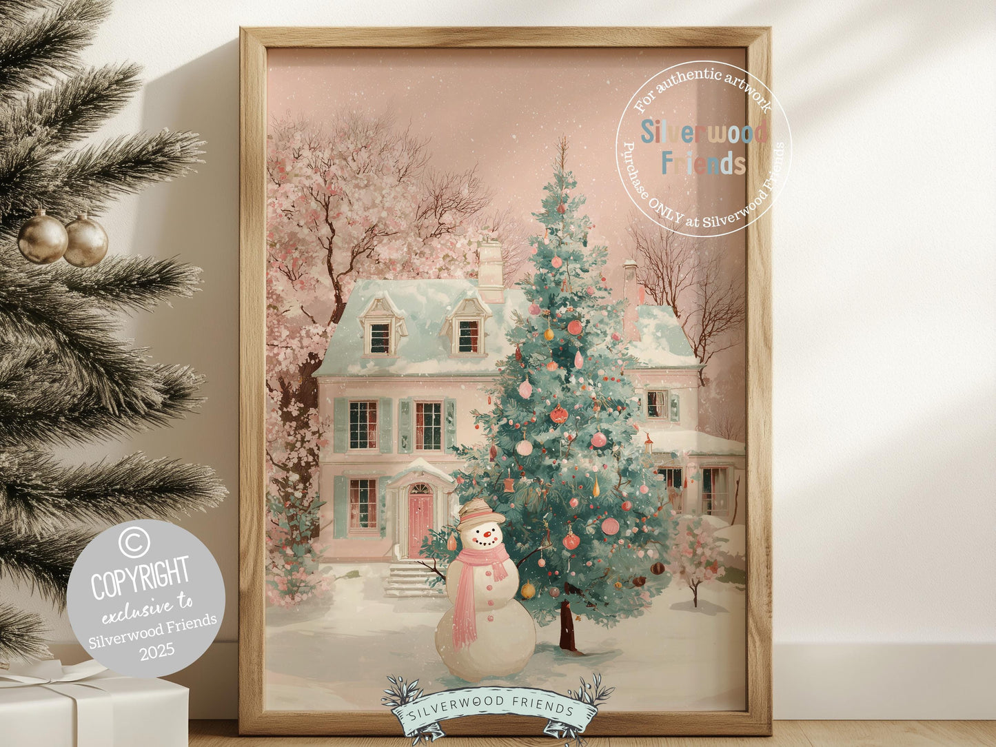 Pastel Snowman Christmas Print, Pink and Green Festive Holiday Printable Wall Art, Cottagecore Farmhouse Xmas Decor Digital Print