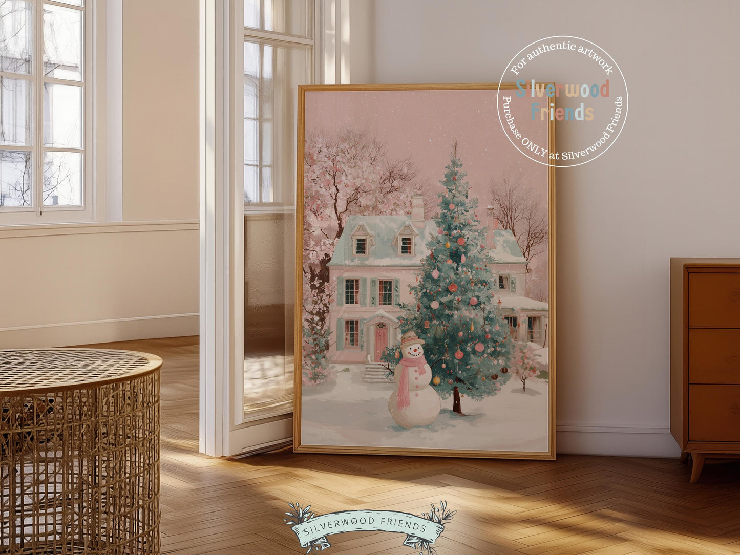 Pastel Snowman Christmas Print, Pink and Green Festive Holiday Printable Wall Art, Cottagecore Farmhouse Xmas Decor Digital Print