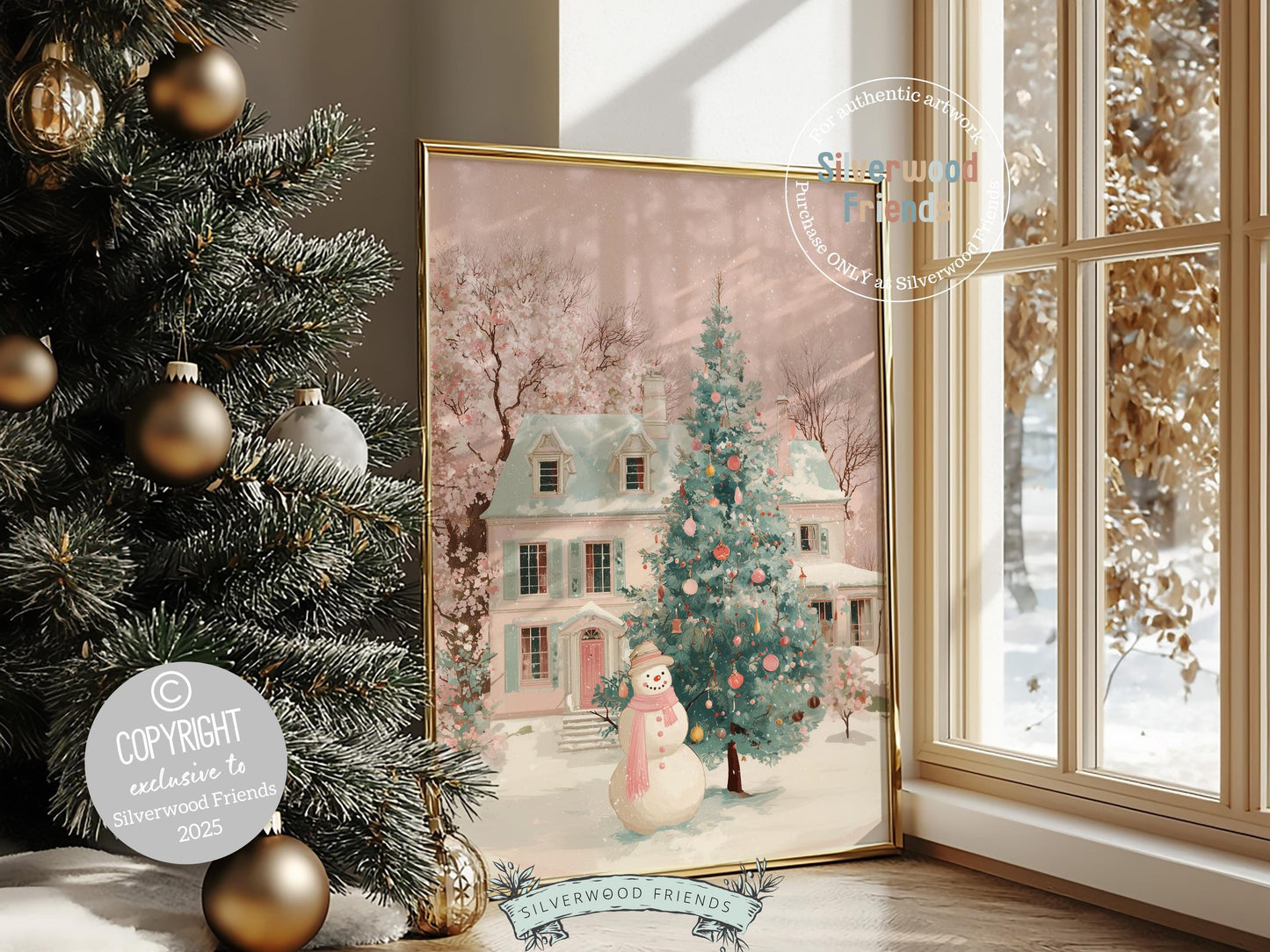 Pastel Snowman Christmas Print, Pink and Green Festive Holiday Printable Wall Art, Cottagecore Farmhouse Xmas Decor Digital Print