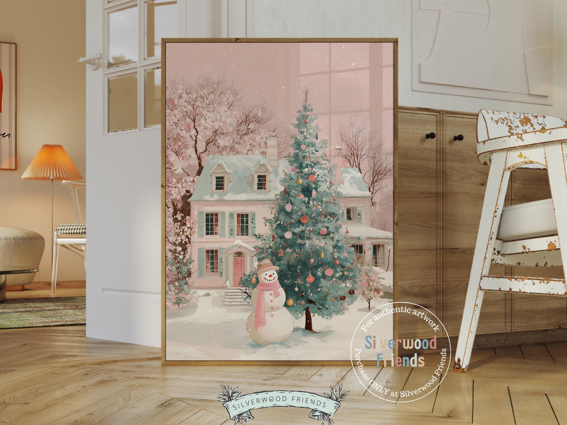 Pastel Snowman Christmas Print, Pink and Green Festive Holiday Printable Wall Art, Cottagecore Farmhouse Xmas Decor Digital Print