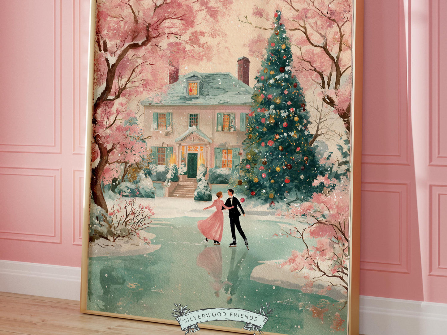 Pastel Ballerina Christmas Print, Pink and Green Christmas Ice Skating Printable Wall Art, Holiday Hosting Nutcracker Decor Digital Print