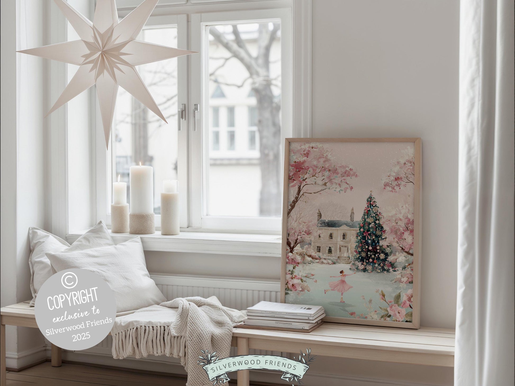 Pastel Figure Skating Christmas Print, Pink and Green Christmas Ice Skating Printable Wall Art, Holiday Hosting Decor Digital Print