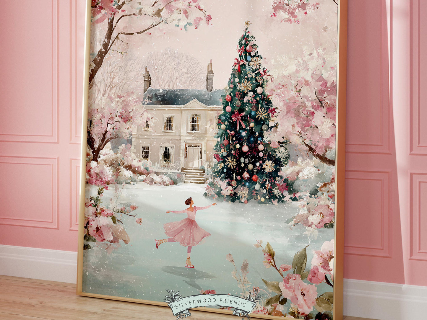 Pastel Figure Skating Christmas Print, Pink and Green Christmas Ice Skating Printable Wall Art, Holiday Hosting Decor Digital Print