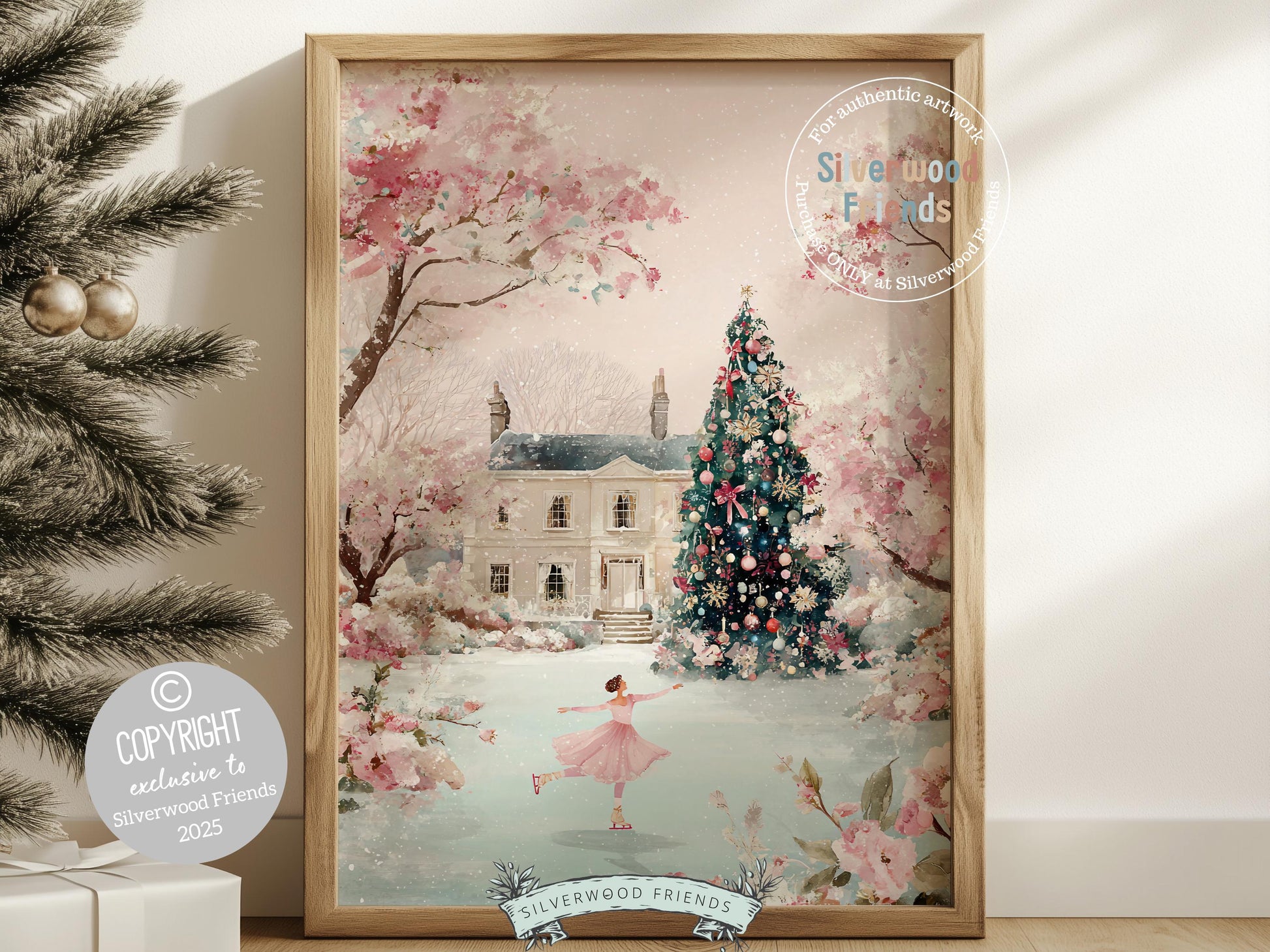 Pastel Figure Skating Christmas Print, Pink and Green Christmas Ice Skating Printable Wall Art, Holiday Hosting Decor Digital Print