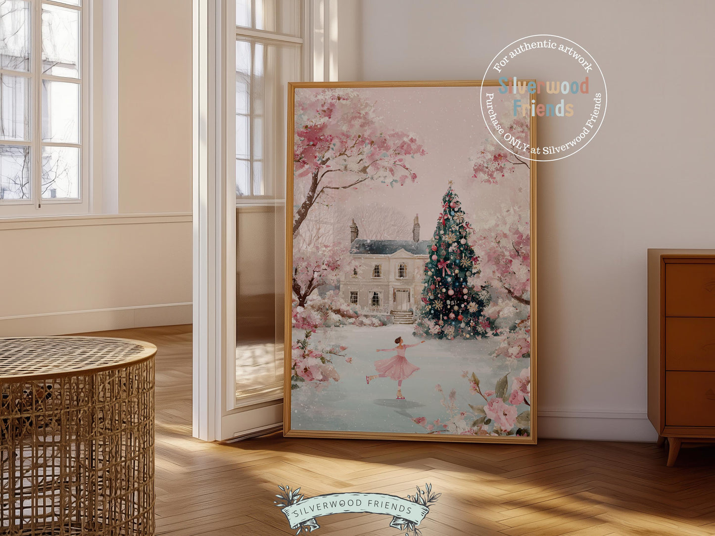 Pastel Figure Skating Christmas Print, Pink and Green Christmas Ice Skating Printable Wall Art, Holiday Hosting Decor Digital Print