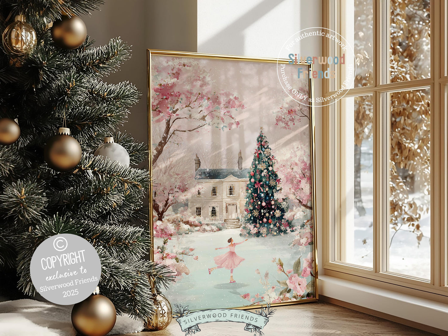 Pastel Figure Skating Christmas Print, Pink and Green Christmas Ice Skating Printable Wall Art, Holiday Hosting Decor Digital Print