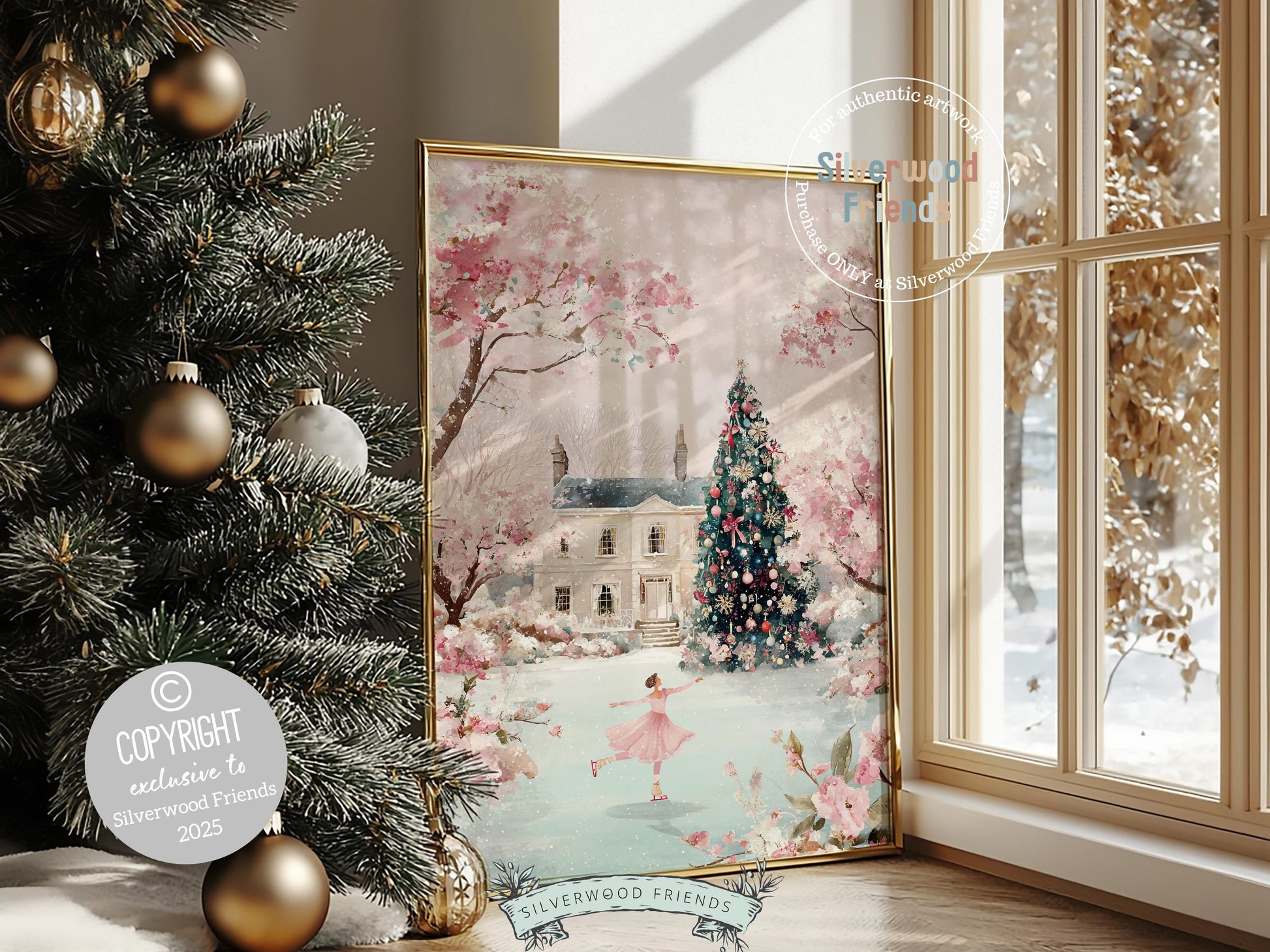 Pastel Figure Skating Christmas Print, Pink and Green Christmas Ice Skating Printable Wall Art, Holiday Hosting Decor Digital Print