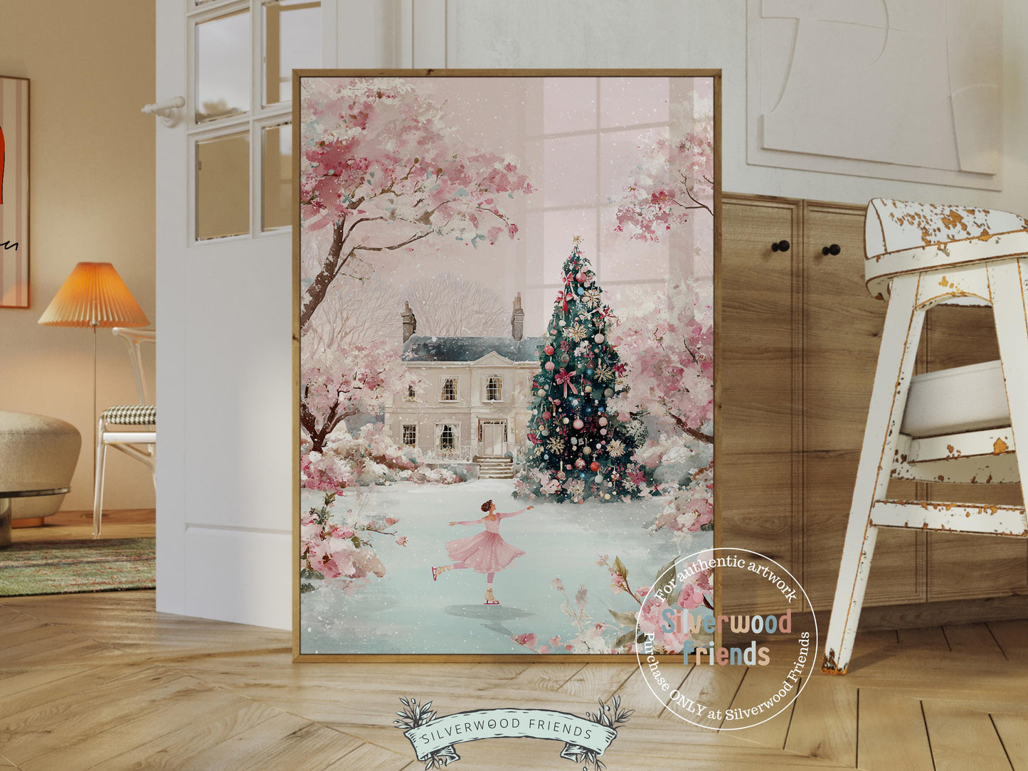 Pastel Figure Skating Christmas Print, Pink and Green Christmas Ice Skating Printable Wall Art, Holiday Hosting Decor Digital Print