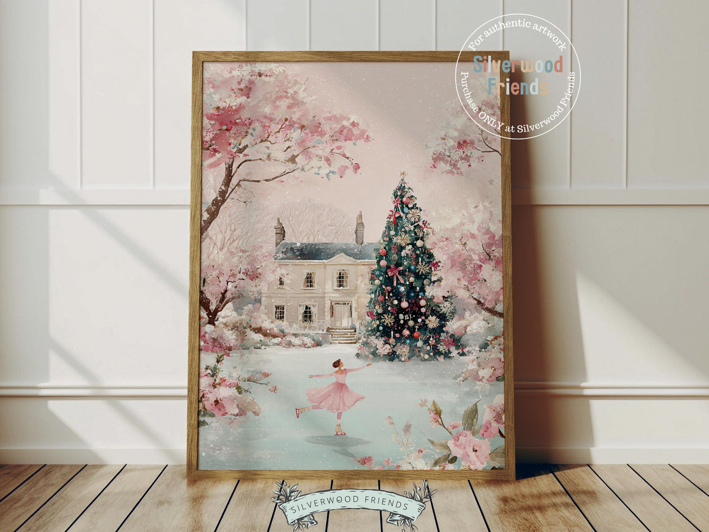 This romantic Christmas print features a pastel pink and green winter scene with a woman ice skating on a frozen lake before a beautiful snow-covered house and sparkling Christmas tree. With its soft watercolor tones and dreamy holiday atmosphere, it brings a touch of warmth, nostalgia, and festive elegance to any cozy home or nursery.