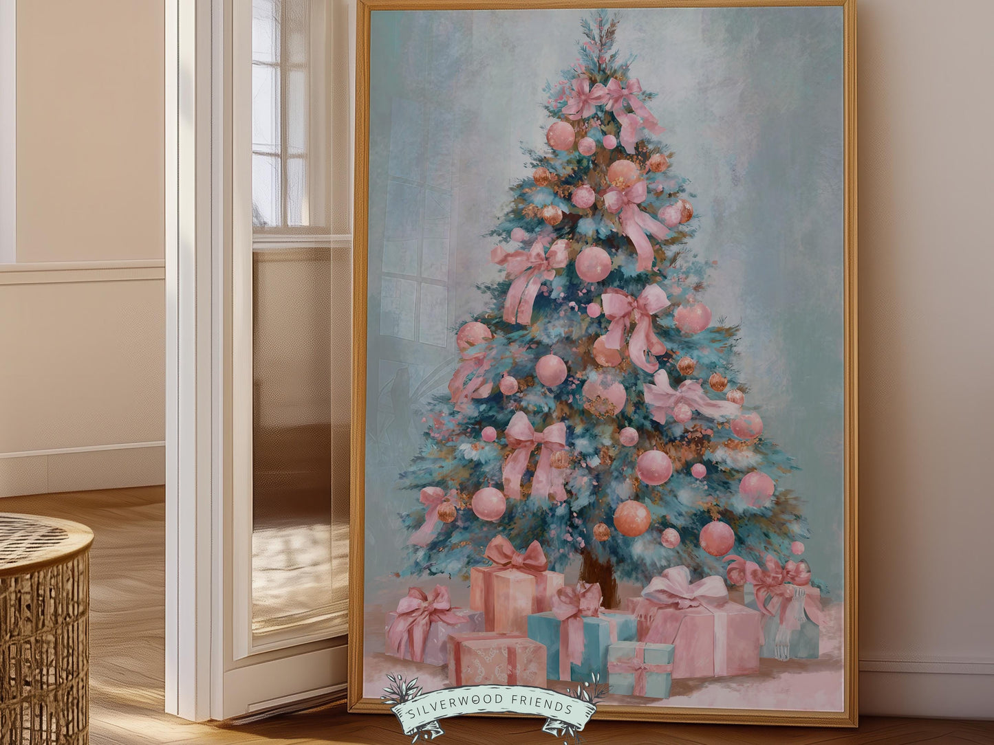 Pastel Pink and Blue Christmas Tree Print, Festive Home Decor Printable Wall Art, Holiday Hosting Decorations, Digital Download Print