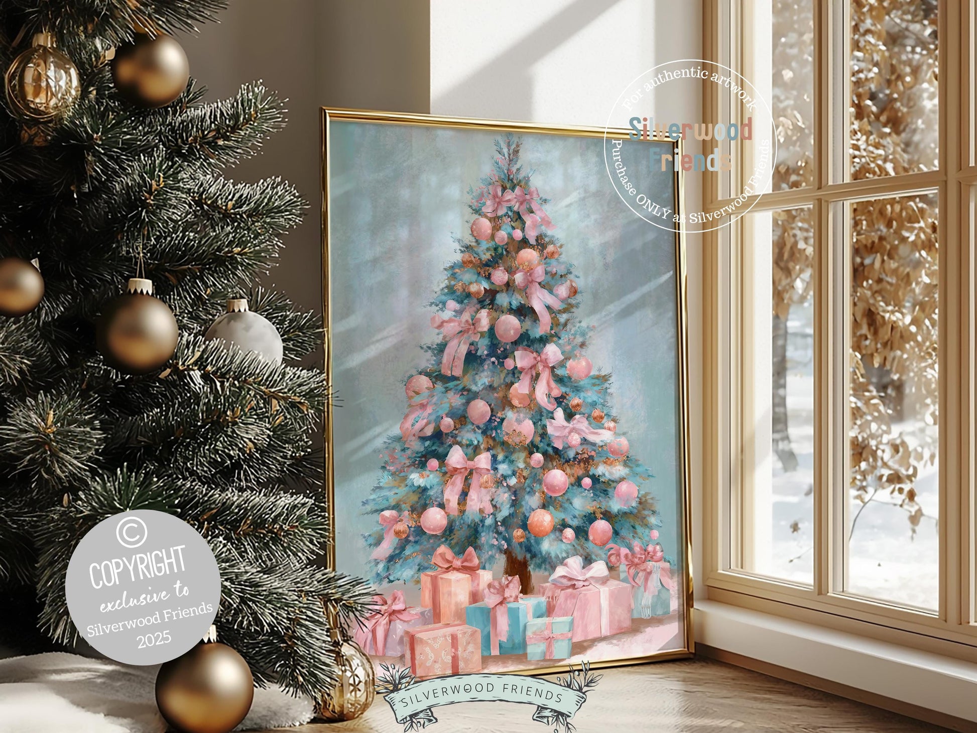 Pastel Pink and Blue Christmas Tree Print, Festive Home Decor Printable Wall Art, Holiday Hosting Decorations, Digital Download Print