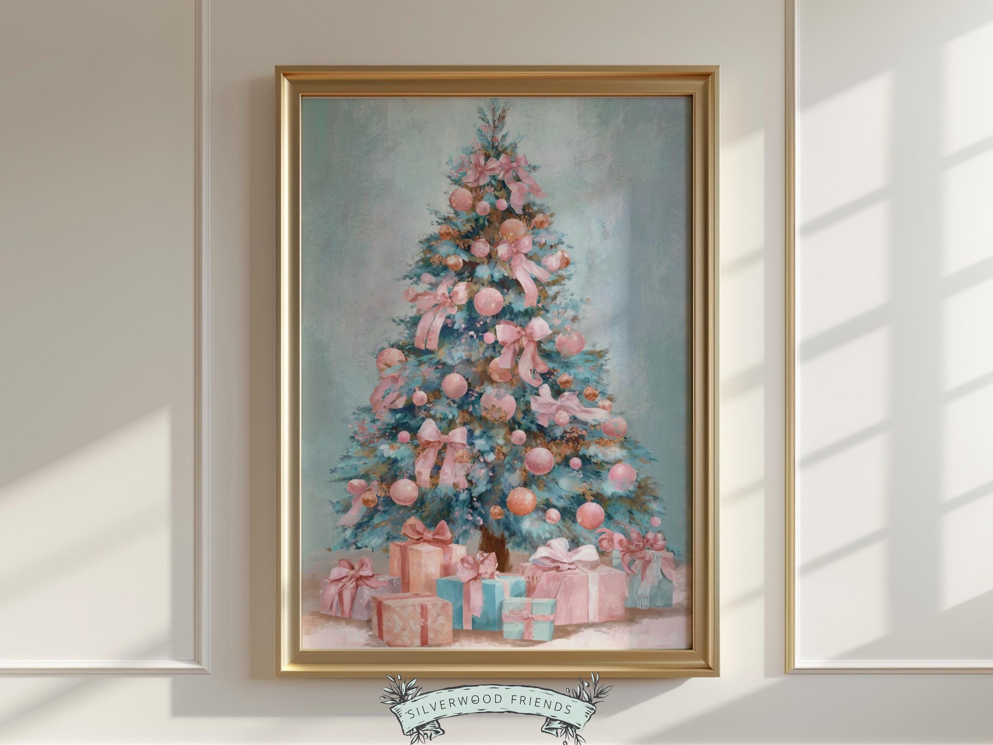 This charming pastel Christmas print features a soft watercolor tree adorned with delicate pink and blue bows, shimmering baubles, and beautifully wrapped gifts beneath. With its dreamy hues and gentle festive spirit, it adds a touch of whimsical elegance and cozy holiday magic to any nursery or home décor.