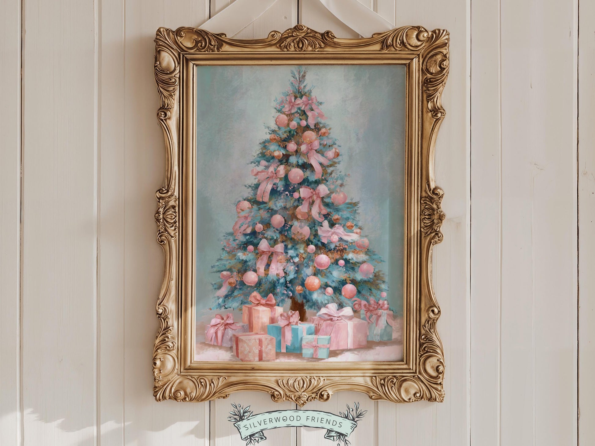 Pastel Pink and Blue Christmas Tree Print, Festive Home Decor Printable Wall Art, Holiday Hosting Decorations, Digital Download Print