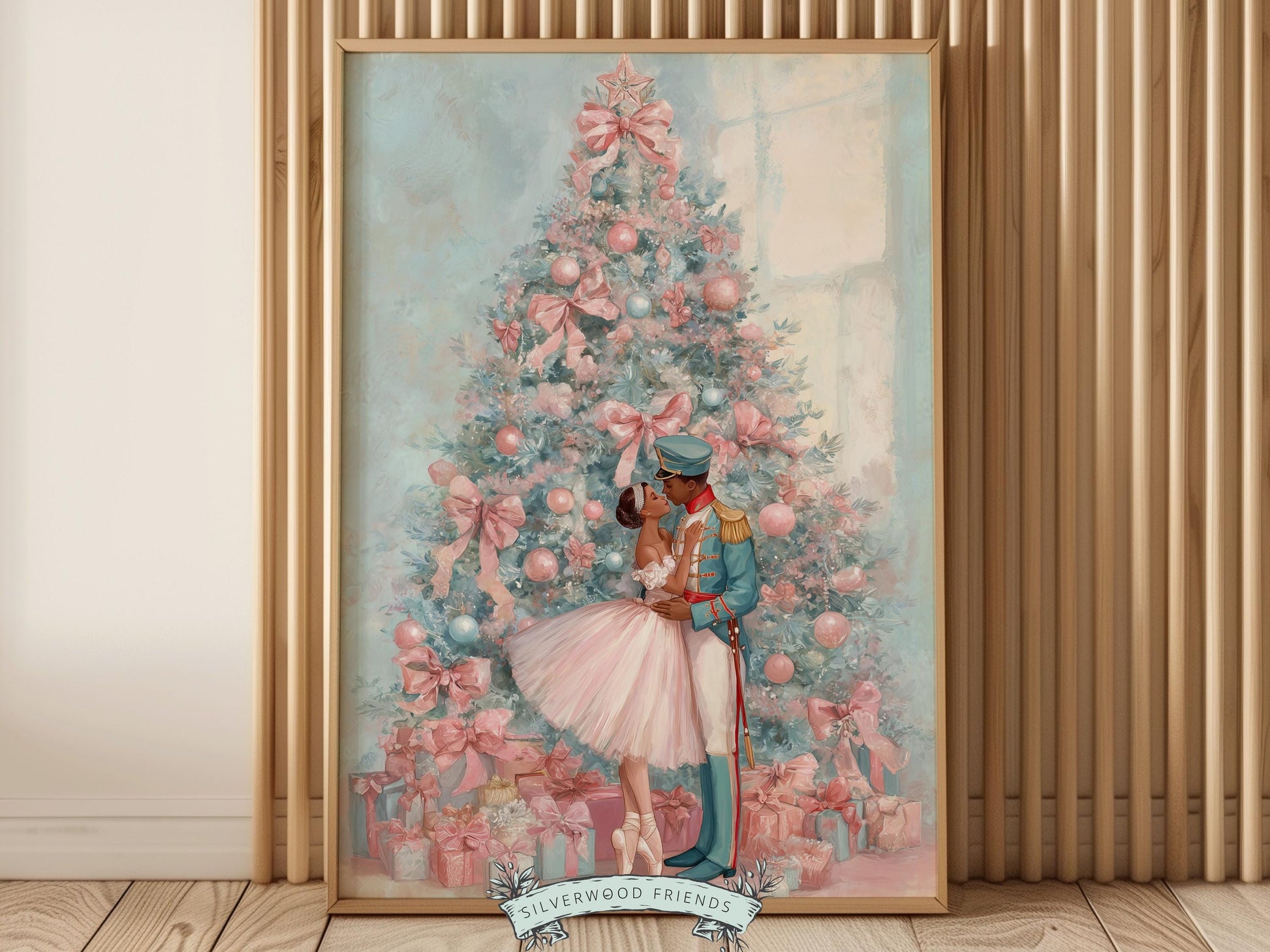 African American Nutcracker Ballet Christmas Print, Black Ballerina and Nutcracker Pastel Christmas Printable Wall Art, Digital Download