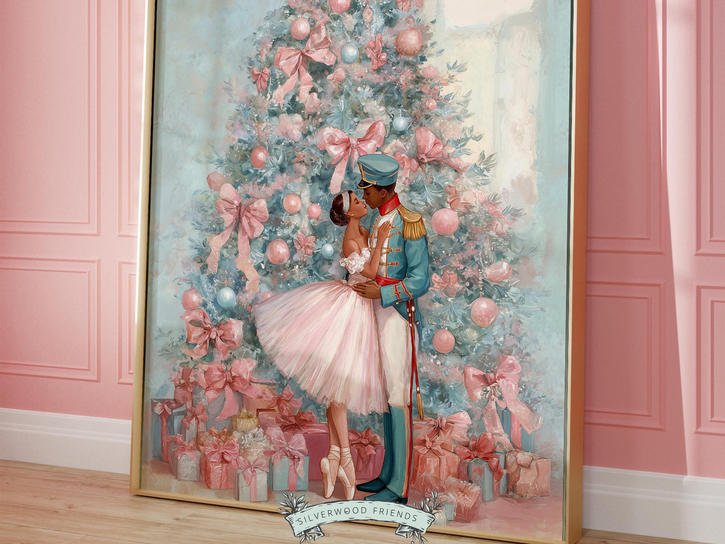 African American Nutcracker Ballet Christmas Print, Black Ballerina and Nutcracker Pastel Christmas Printable Wall Art, Digital Download