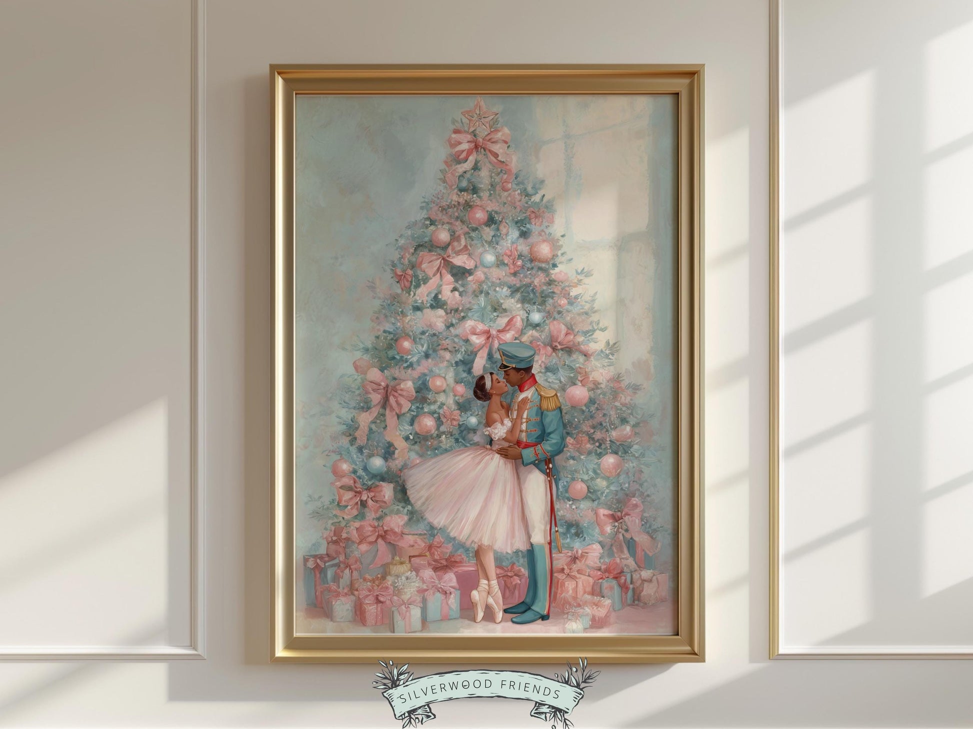 This enchanting pastel Christmas ballet print captures a magical moment as a graceful African American ballerina dances with a Nutcracker soldier beside a shimmering pink and blue Christmas tree. The perfect gift for ballet lovers, this soft watercolor artwork brings whimsical romance and festive elegance to any space, adding year-round charm and beauty.