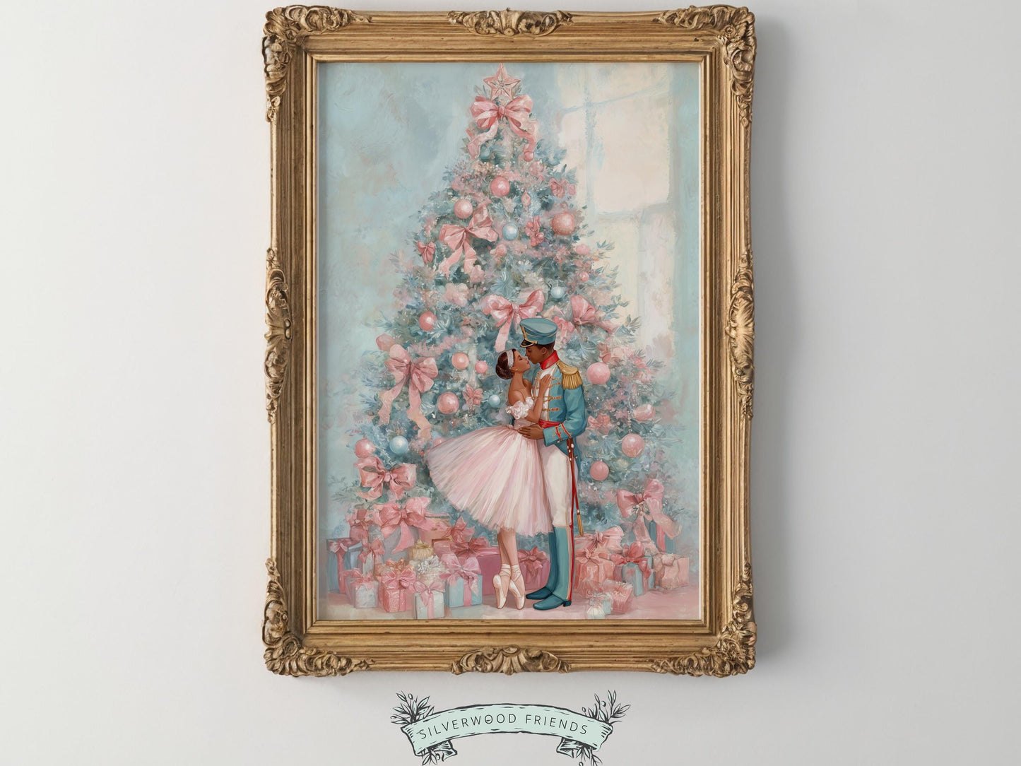African American Nutcracker Ballet Christmas Print, Black Ballerina and Nutcracker Pastel Christmas Printable Wall Art, Digital Download
