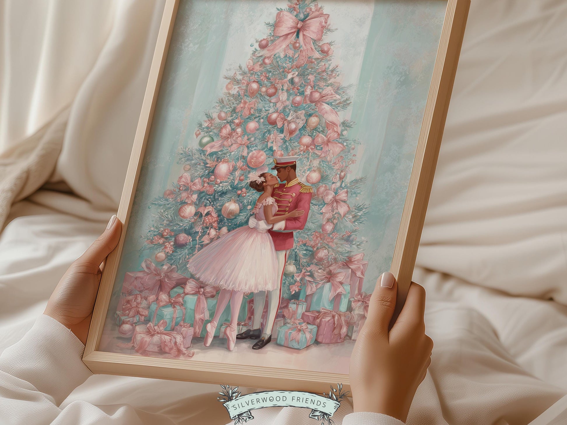 African American Nutcracker Ballet Christmas Print, Black Ballerina and Nutcracker Pastel Pink Christmas Printable Wall Art Digital Download