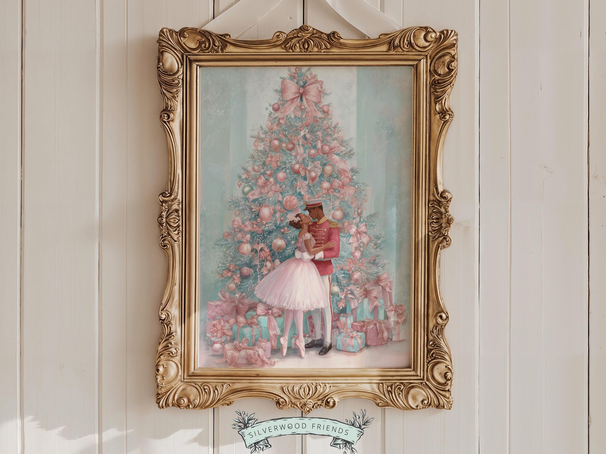 African American Nutcracker Ballet Christmas Print, Black Ballerina and Nutcracker Pastel Pink Christmas Printable Wall Art Digital Download